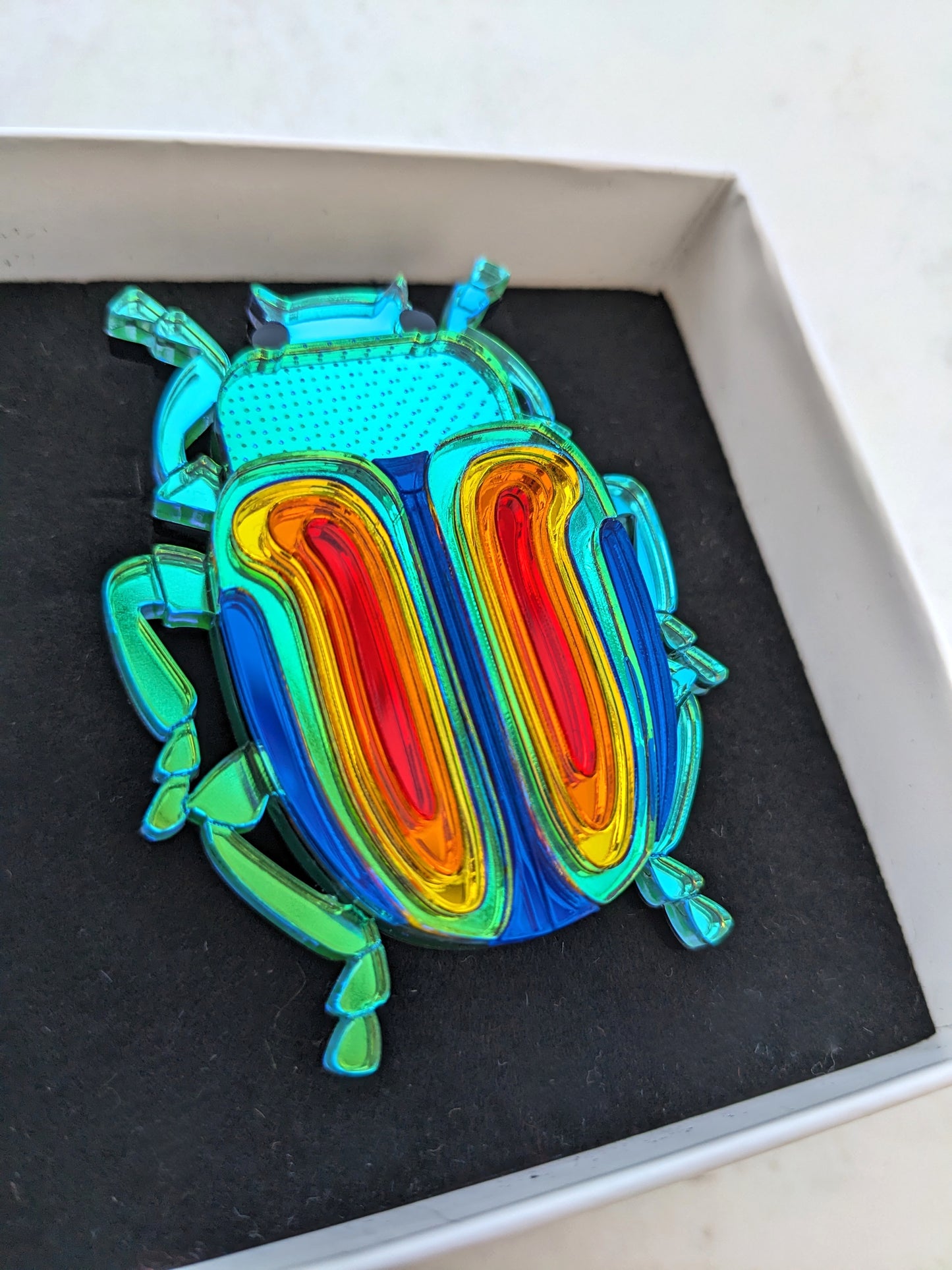 PRE ORDER Rainbow Beetle Brooch (Chrysolina Fatuosa) Just lighter green colouring on body left now so will look like the one on the white background and pendant (see listing)