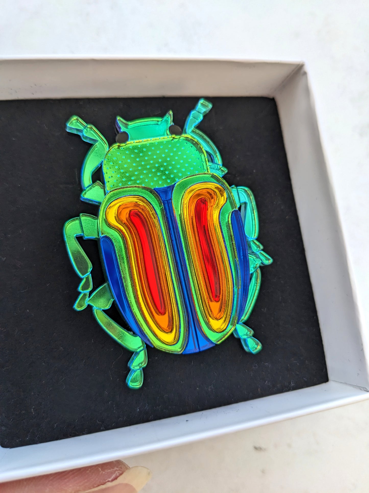 PRE ORDER Rainbow Beetle Brooch (Chrysolina Fatuosa) Just lighter green colouring on body left now so will look like the one on the white background and pendant (see listing)