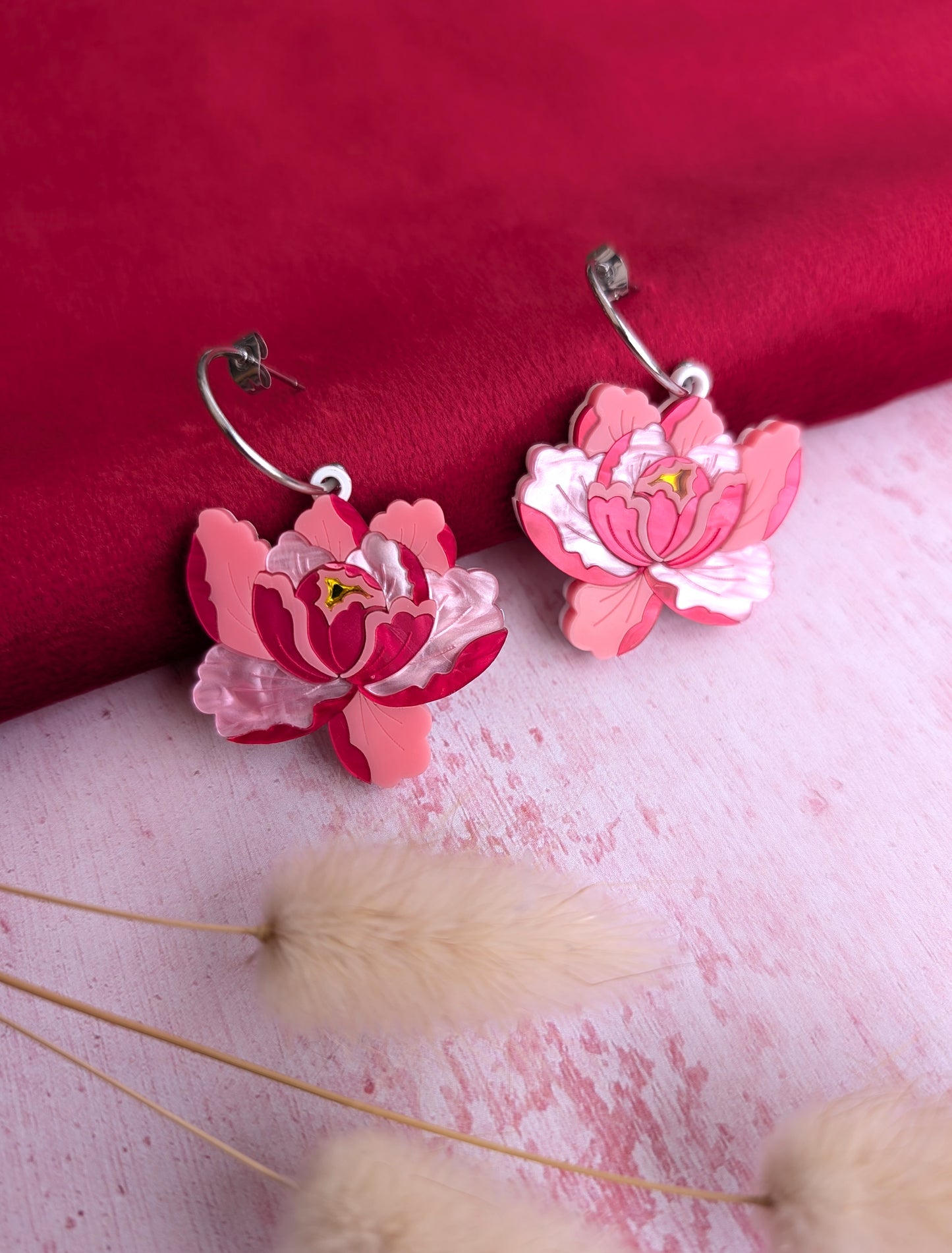 PRE ORDER Peony Dangle, Hoop or Stud Earrings - Bright Pink