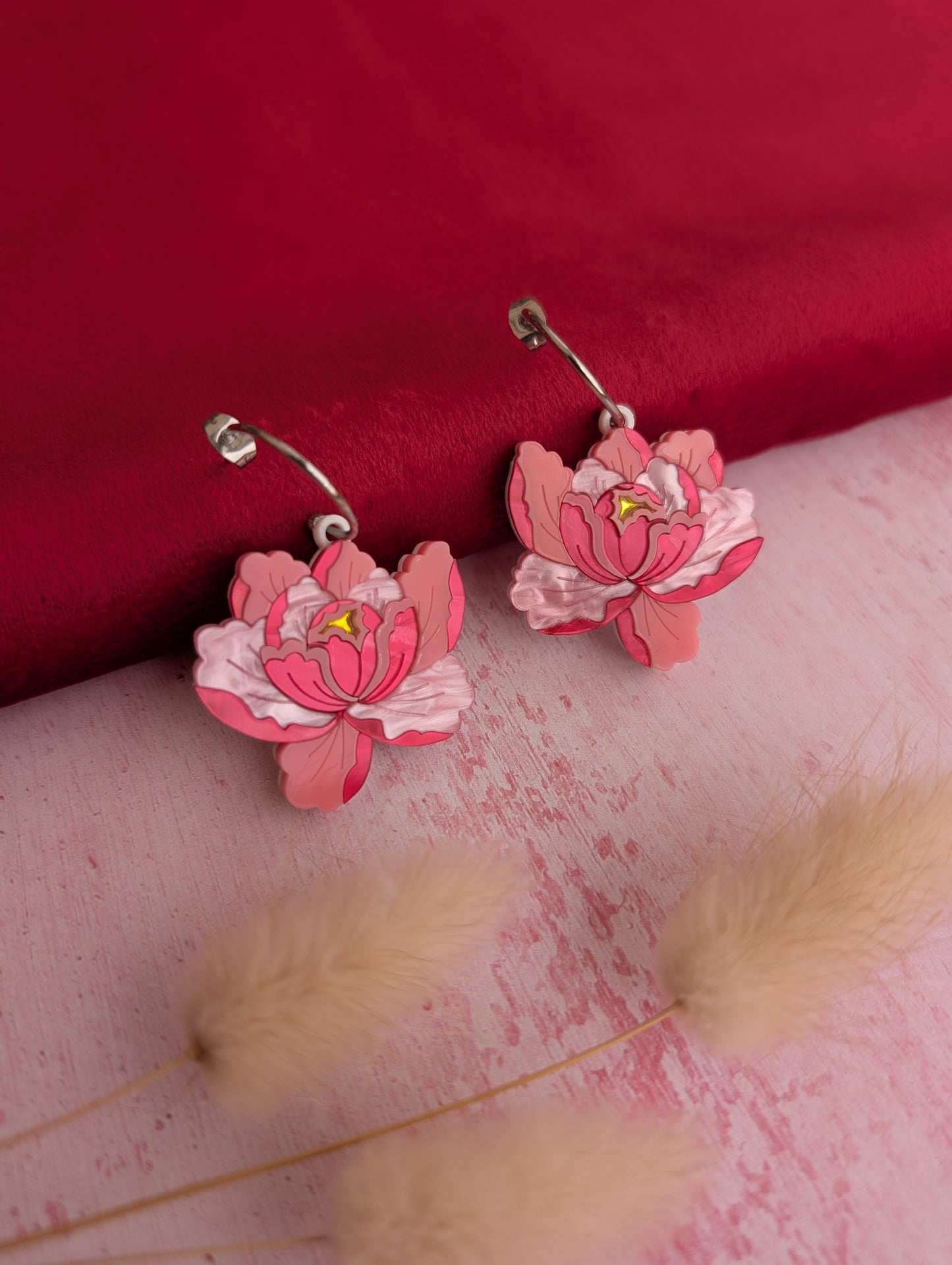 PRE ORDER Peony Dangle, Hoop or Stud Earrings - Bright Pink