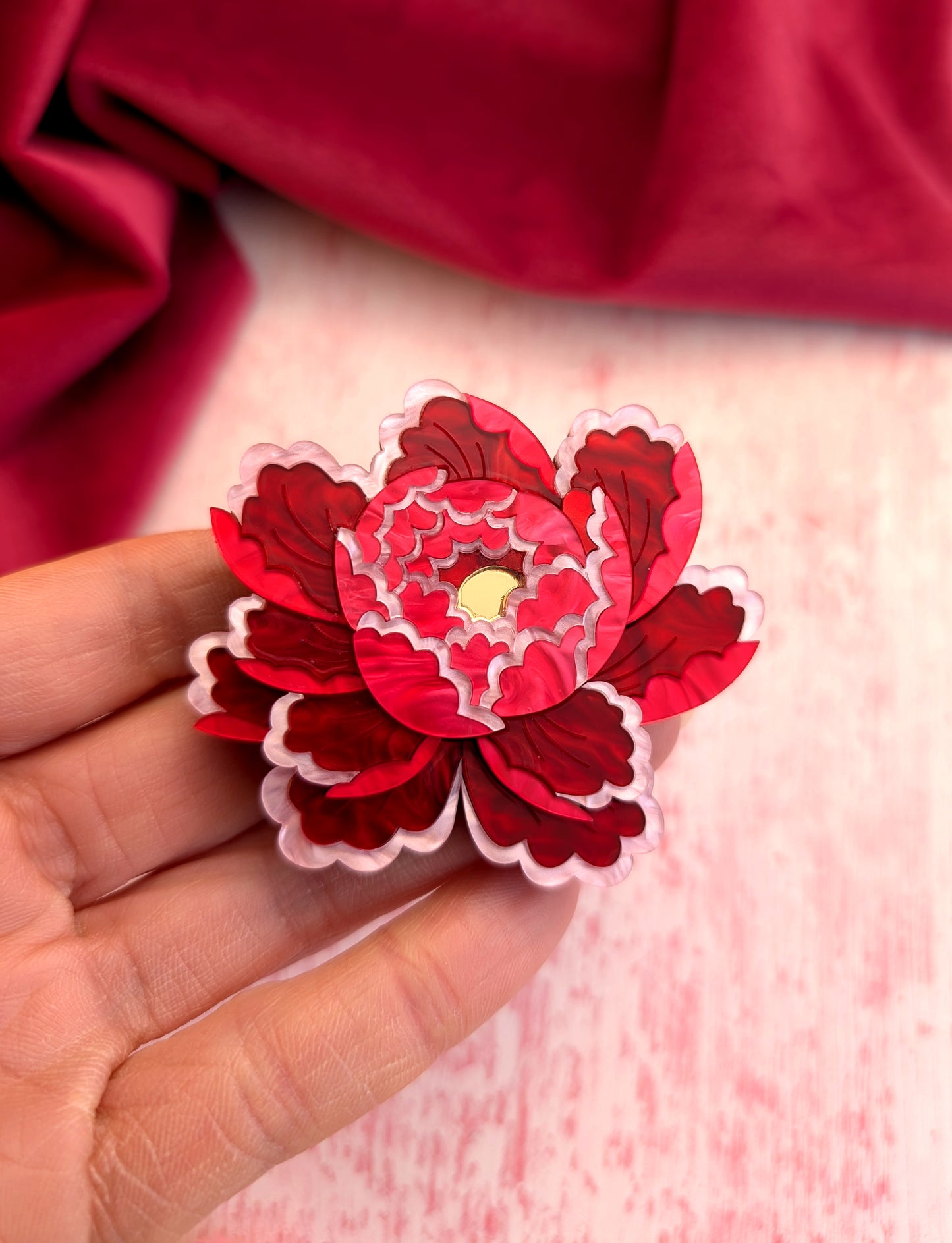 PRE ORDER Peony Inspired Flower Brooch or Pendant RED/PINK (one fully made brooch available)