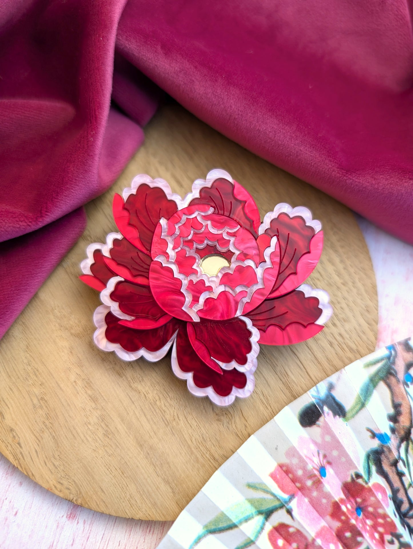 PRE ORDER Peony Inspired Flower Brooch or Pendant RED/PINK (one fully made brooch available)
