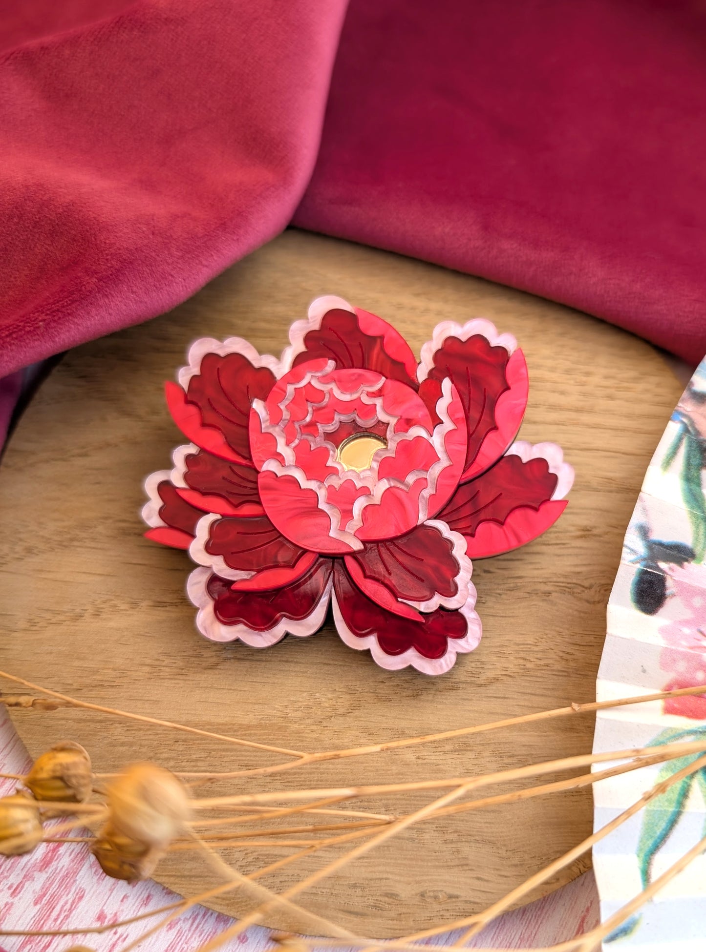 PRE ORDER Peony Inspired Flower Brooch or Pendant RED/PINK (one fully made brooch available)