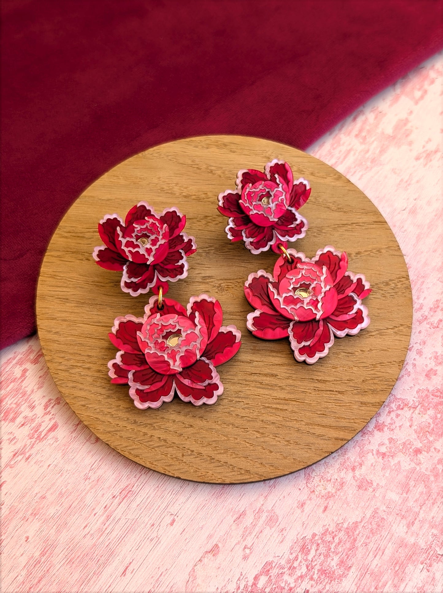 PRE ORDER Peony Inspired Statement Flower Earrings RED/PINK