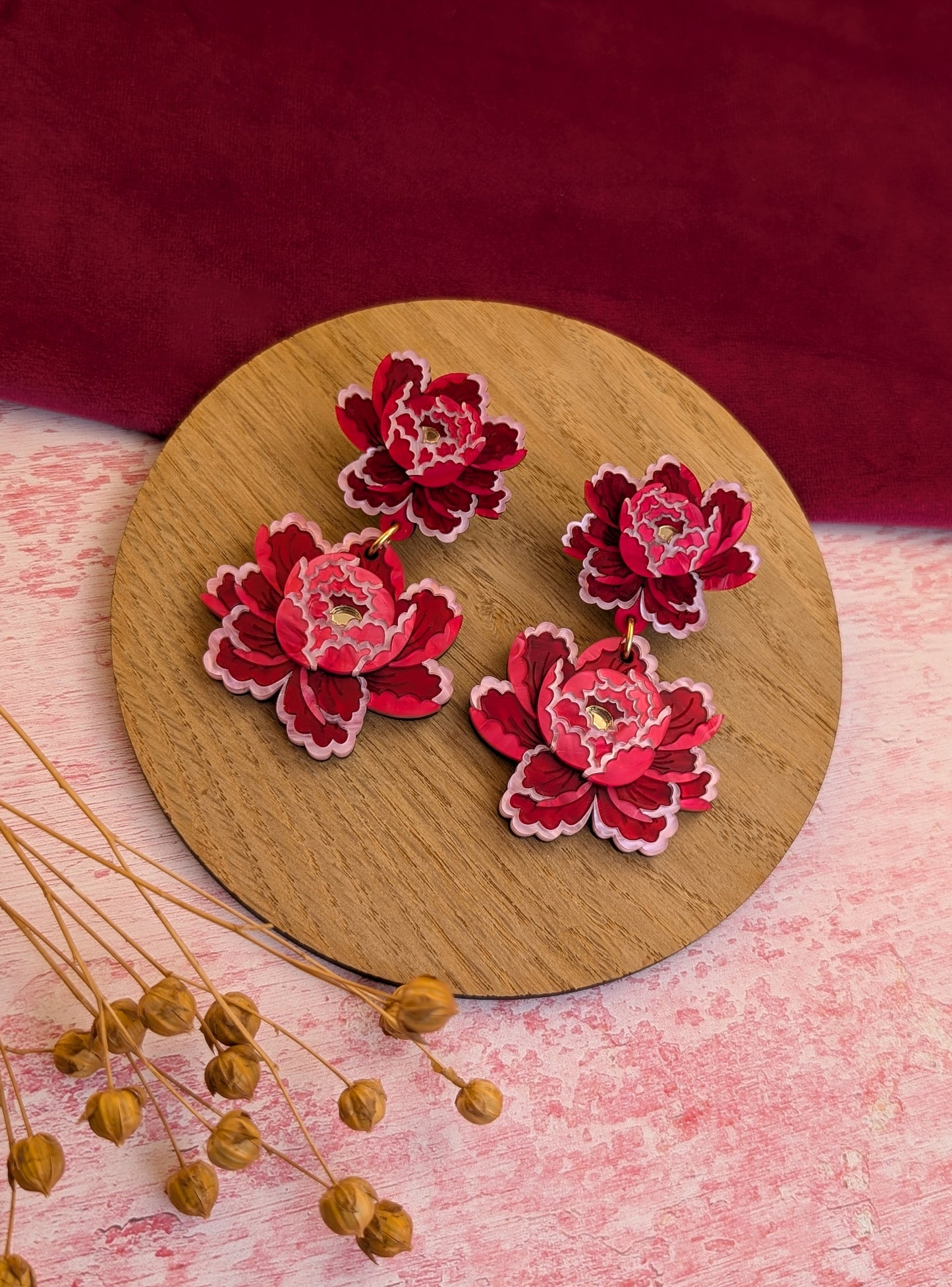 PRE ORDER Peony Inspired Statement Flower Earrings RED/PINK