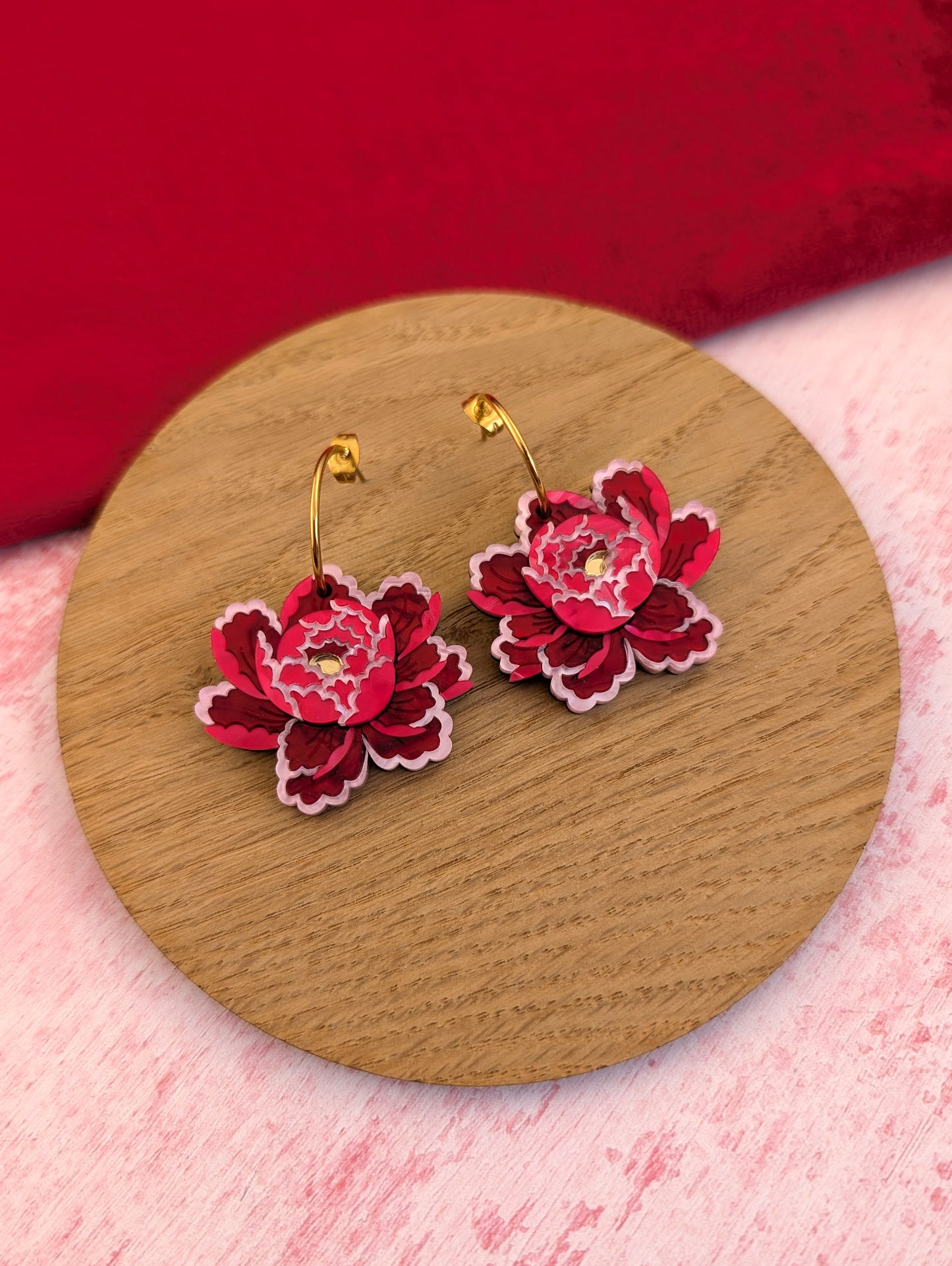 PRE ORDER Peony Inspired Single Flower Earrings RED/PINK