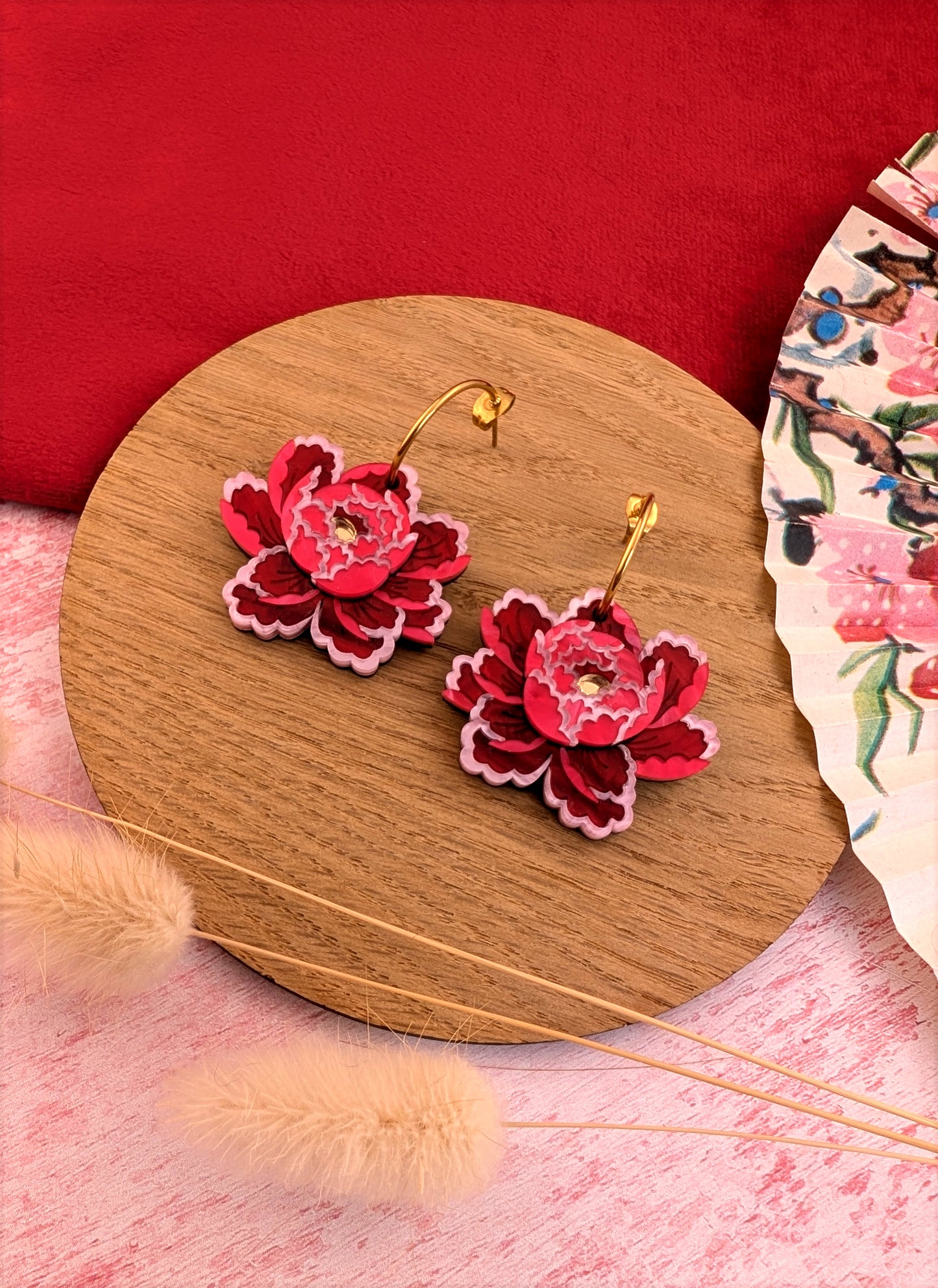 PRE ORDER Peony Inspired Single Flower Earrings RED/PINK
