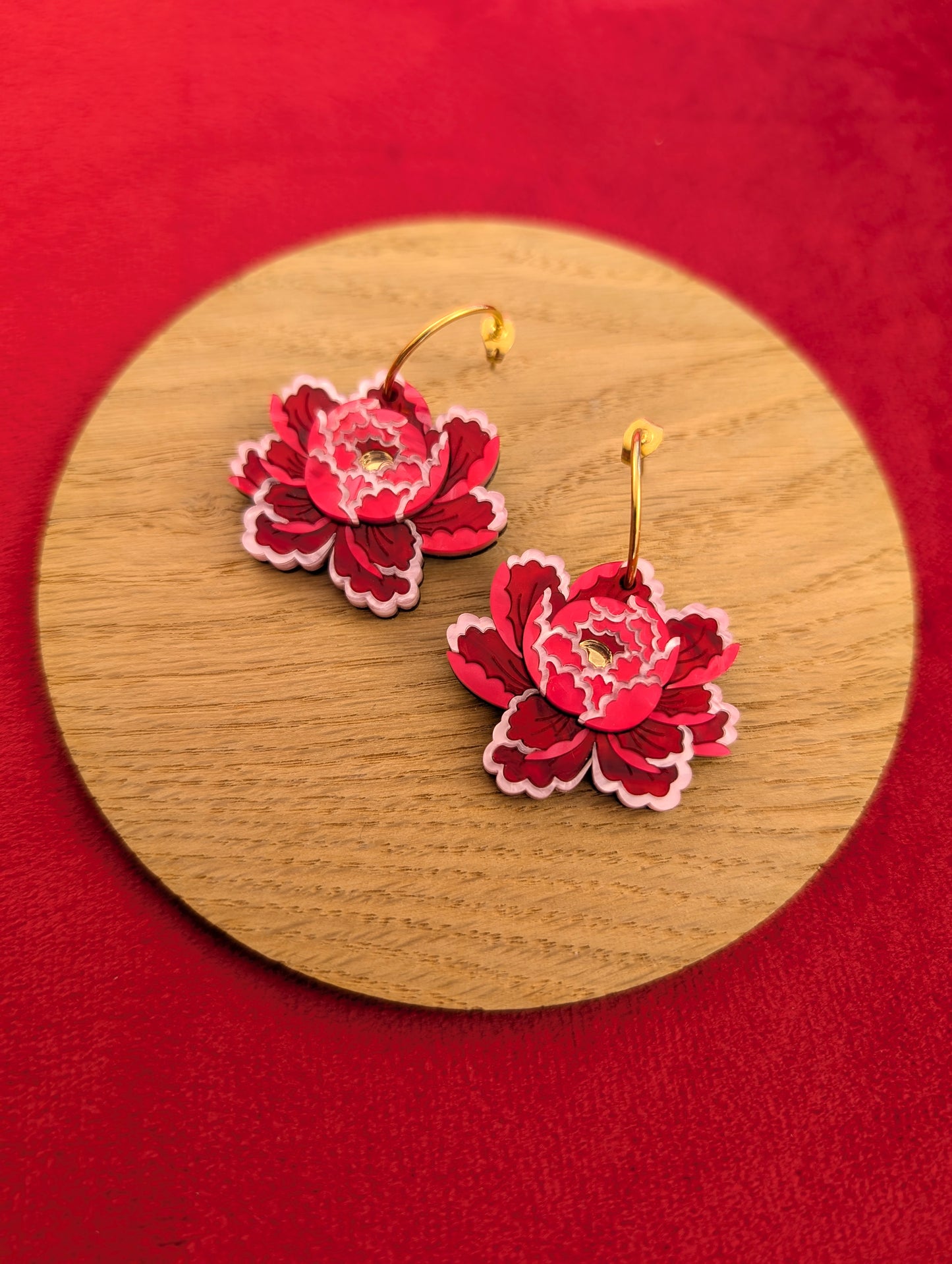 PRE ORDER Peony Inspired Single Flower Earrings RED/PINK