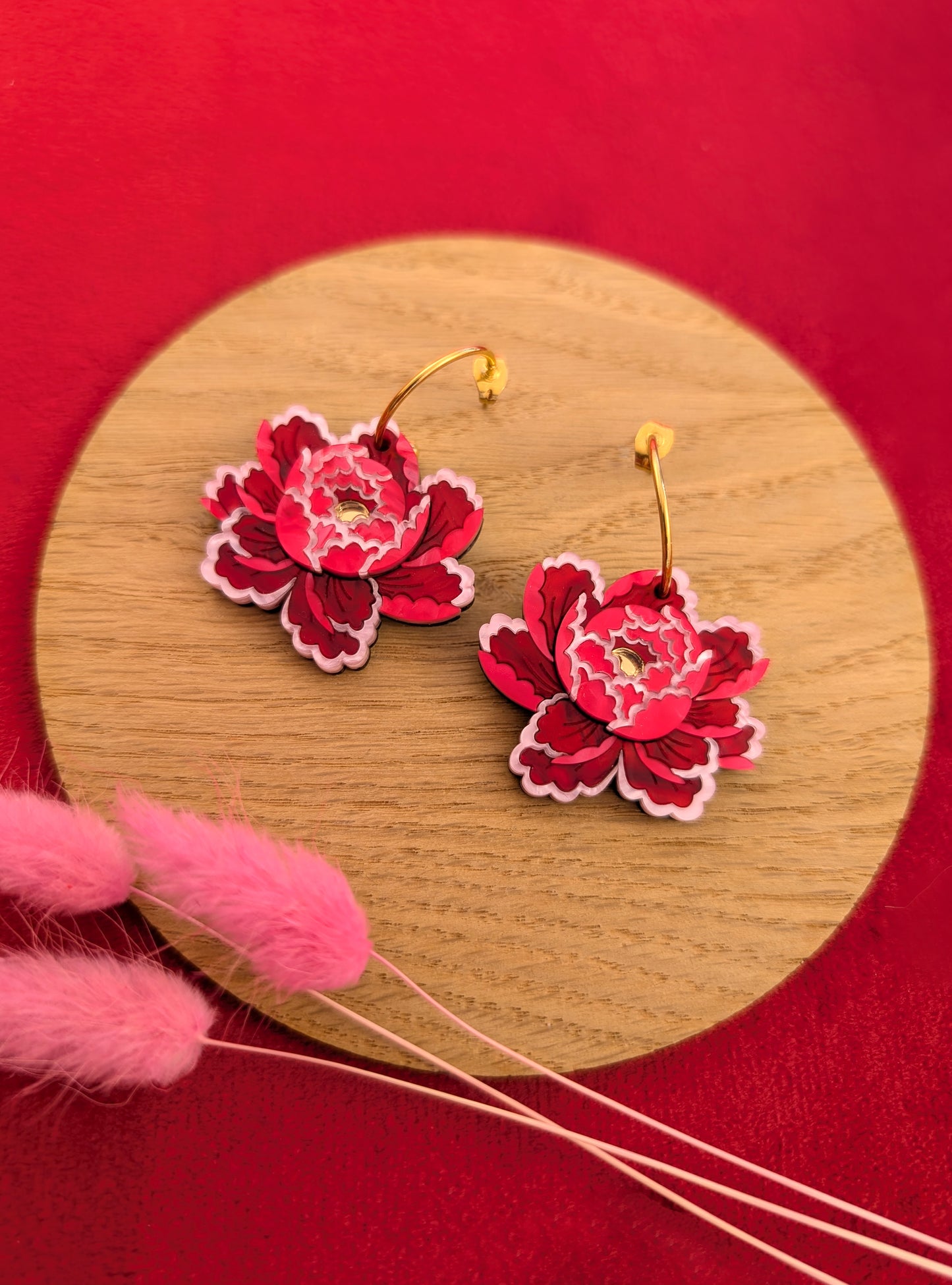 PRE ORDER Peony Inspired Single Flower Earrings RED/PINK