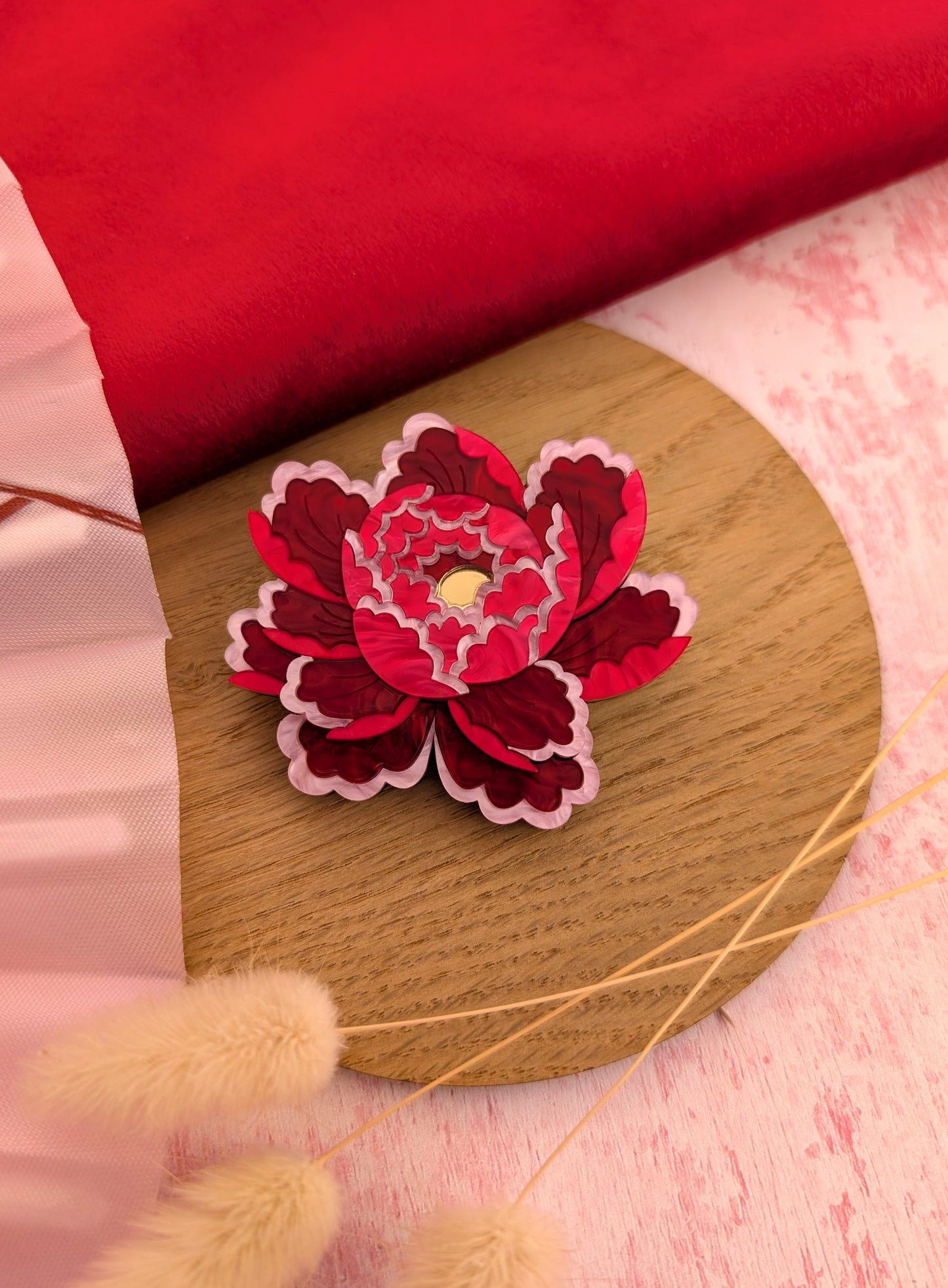 PRE ORDER Peony Inspired Flower Brooch or Pendant RED/PINK (one fully made brooch available)