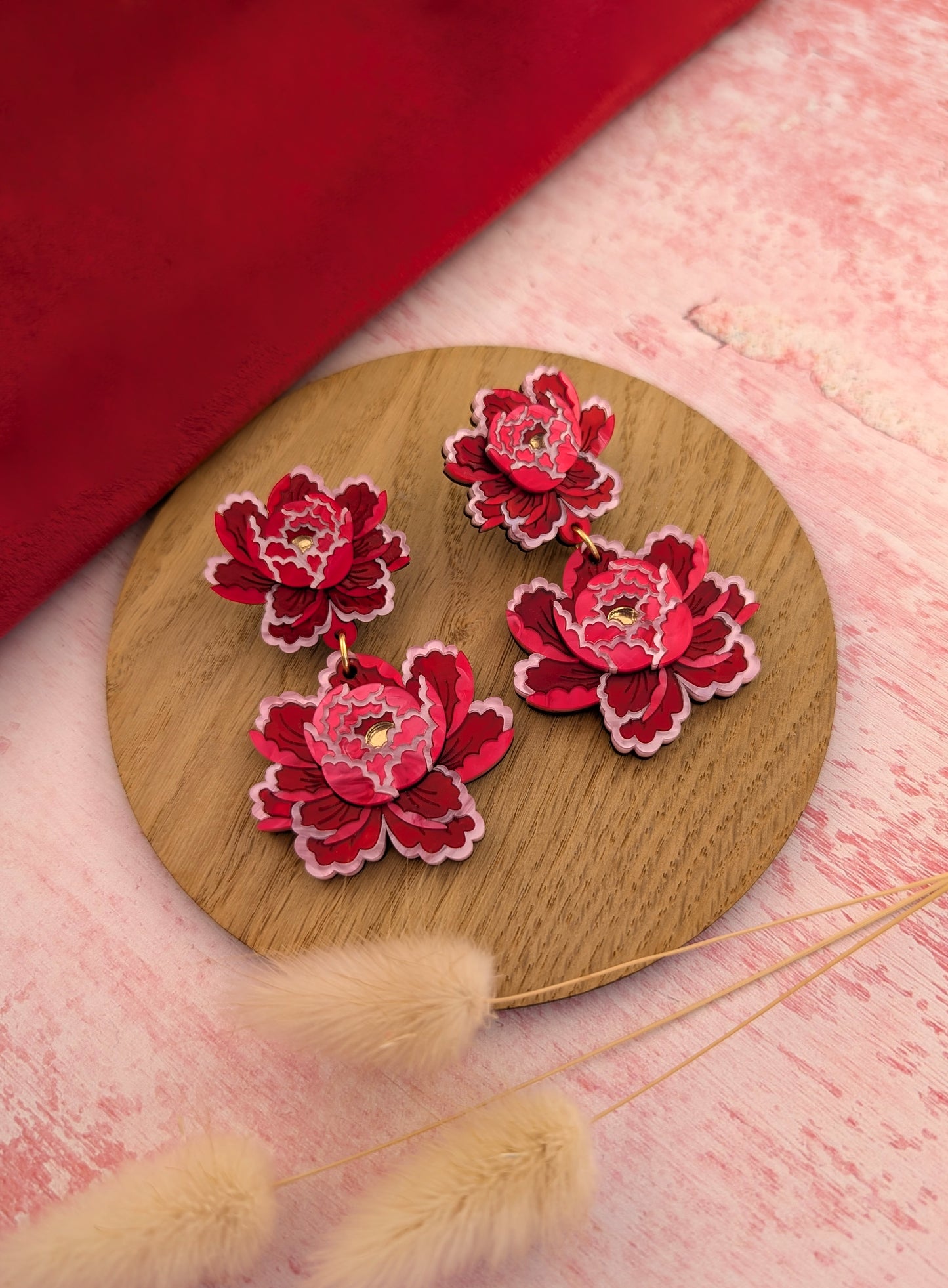 PRE ORDER Peony Inspired Statement Flower Earrings RED/PINK
