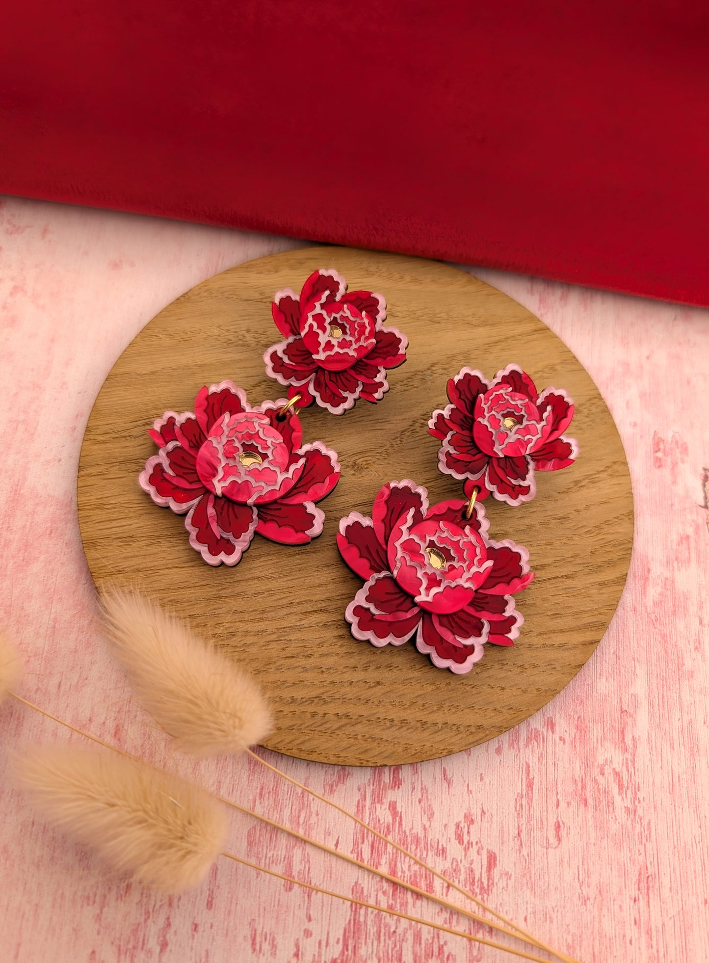 PRE ORDER Peony Inspired Statement Flower Earrings RED/PINK