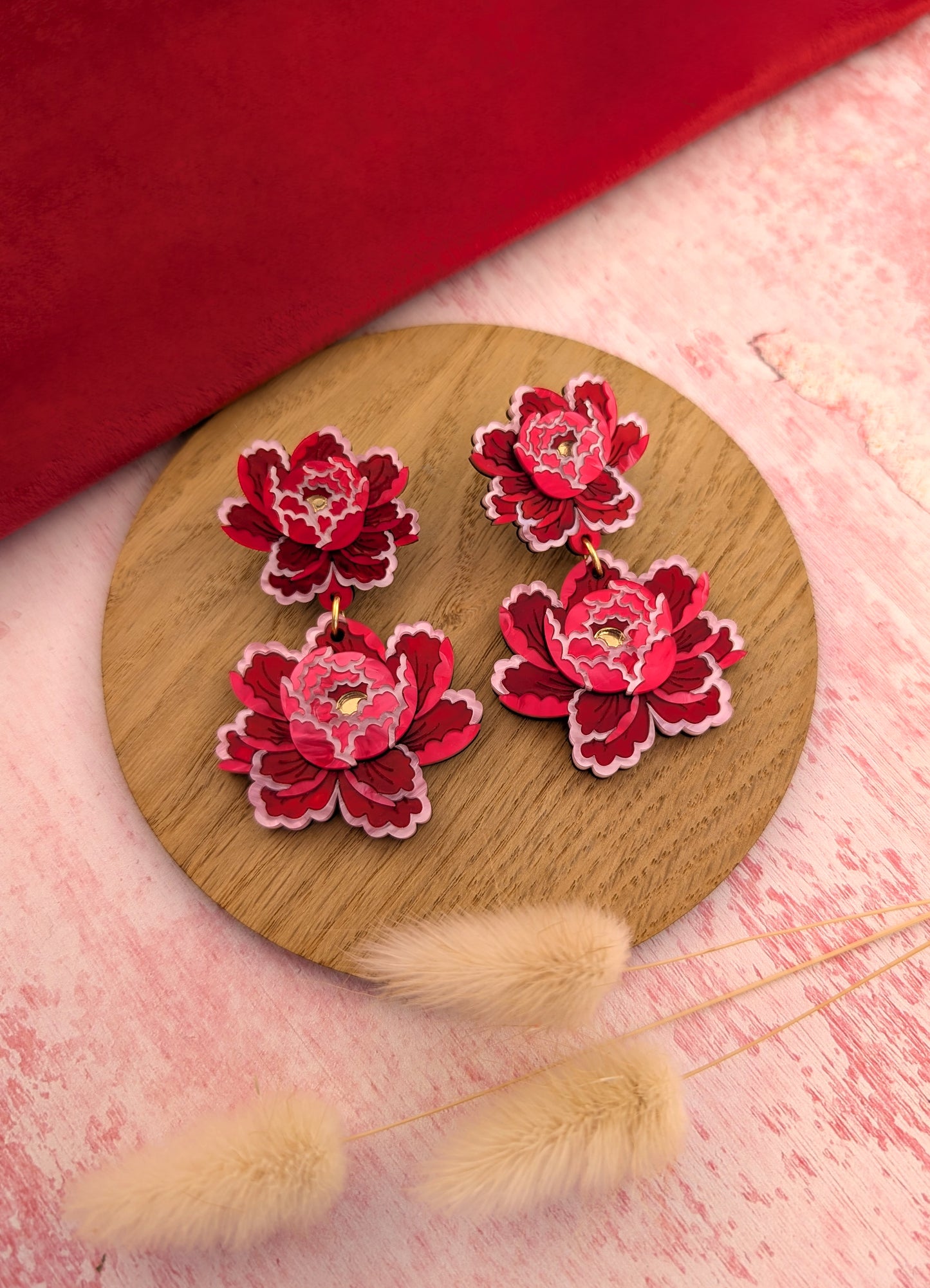 PRE ORDER Peony Inspired Statement Flower Earrings RED/PINK