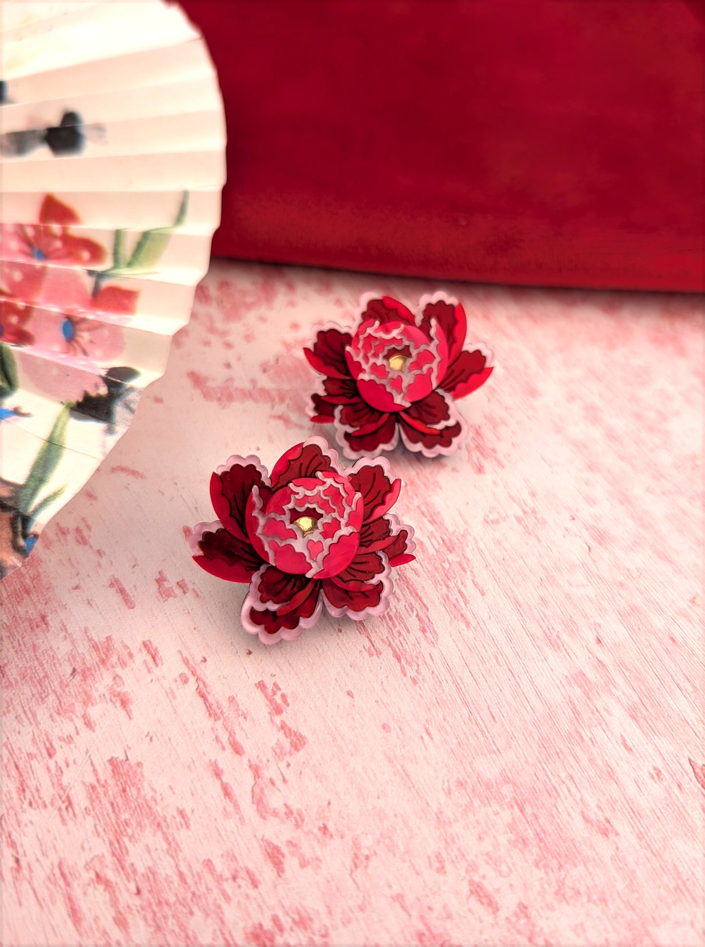 PRE ORDER Peony Inspired Stud Earrings RED/PINK