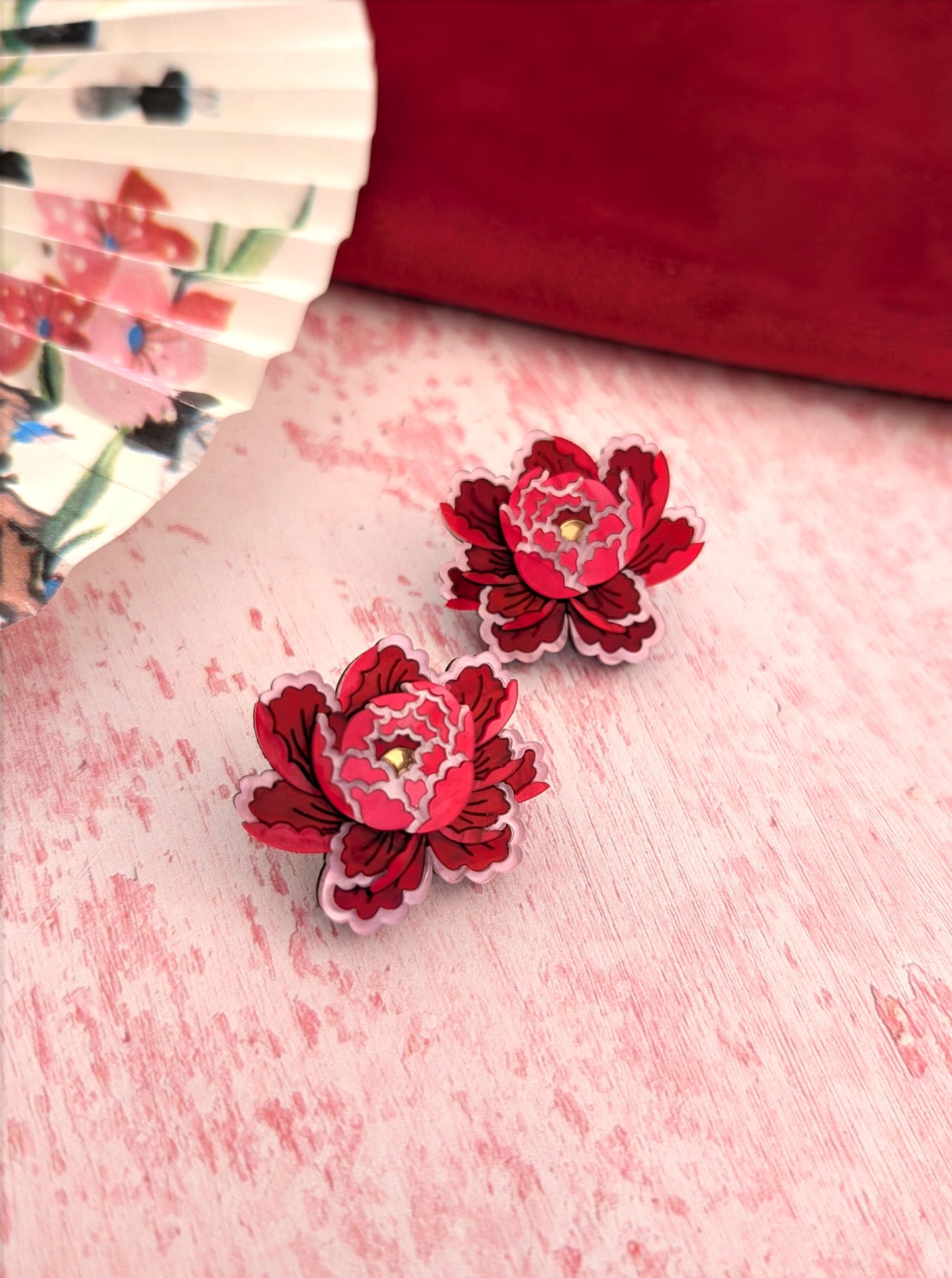 PRE ORDER Peony Inspired Stud Earrings RED/PINK