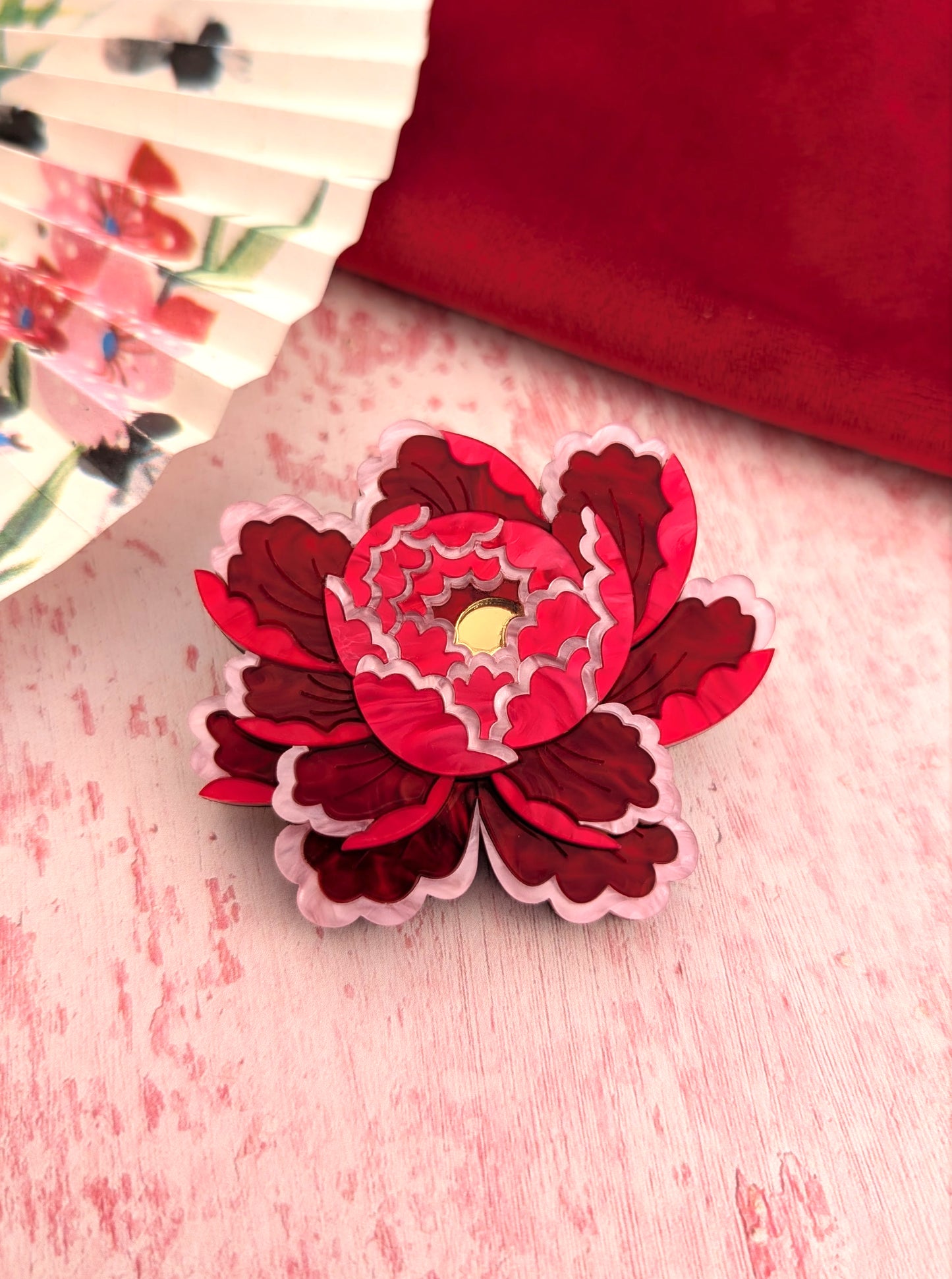PRE ORDER Peony Inspired Flower Brooch or Pendant RED/PINK (one fully made brooch available)