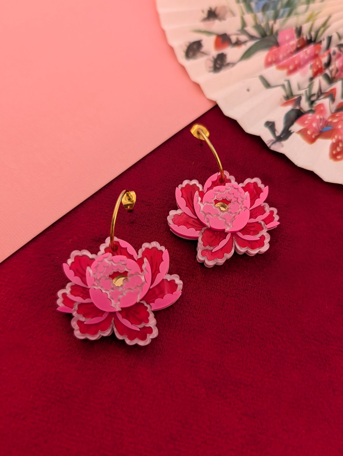 PRE ORDER Peony Inspired Single Flower Earrings BRIGHT PINK