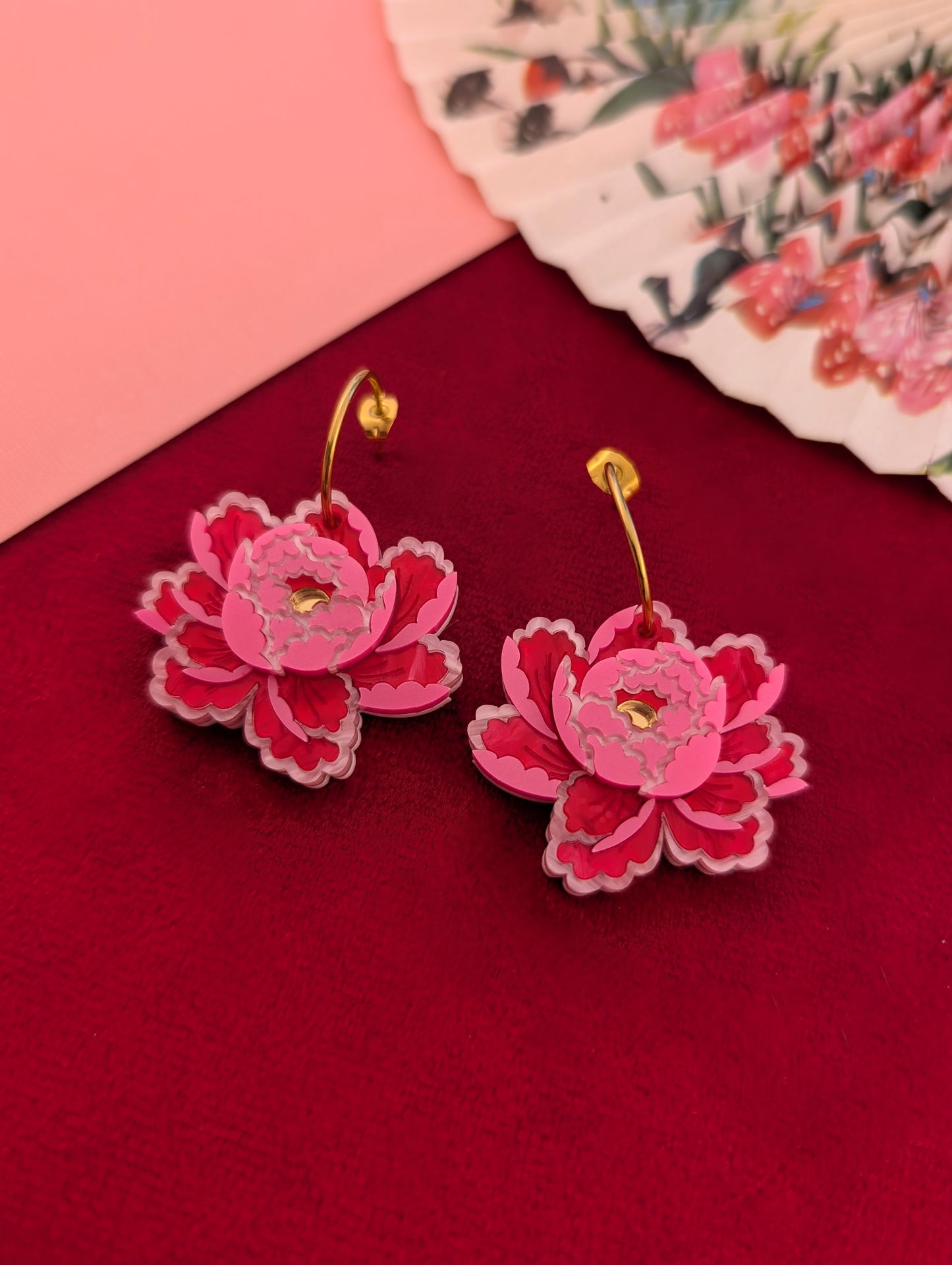 PRE ORDER Peony Inspired Single Flower Earrings BRIGHT PINK