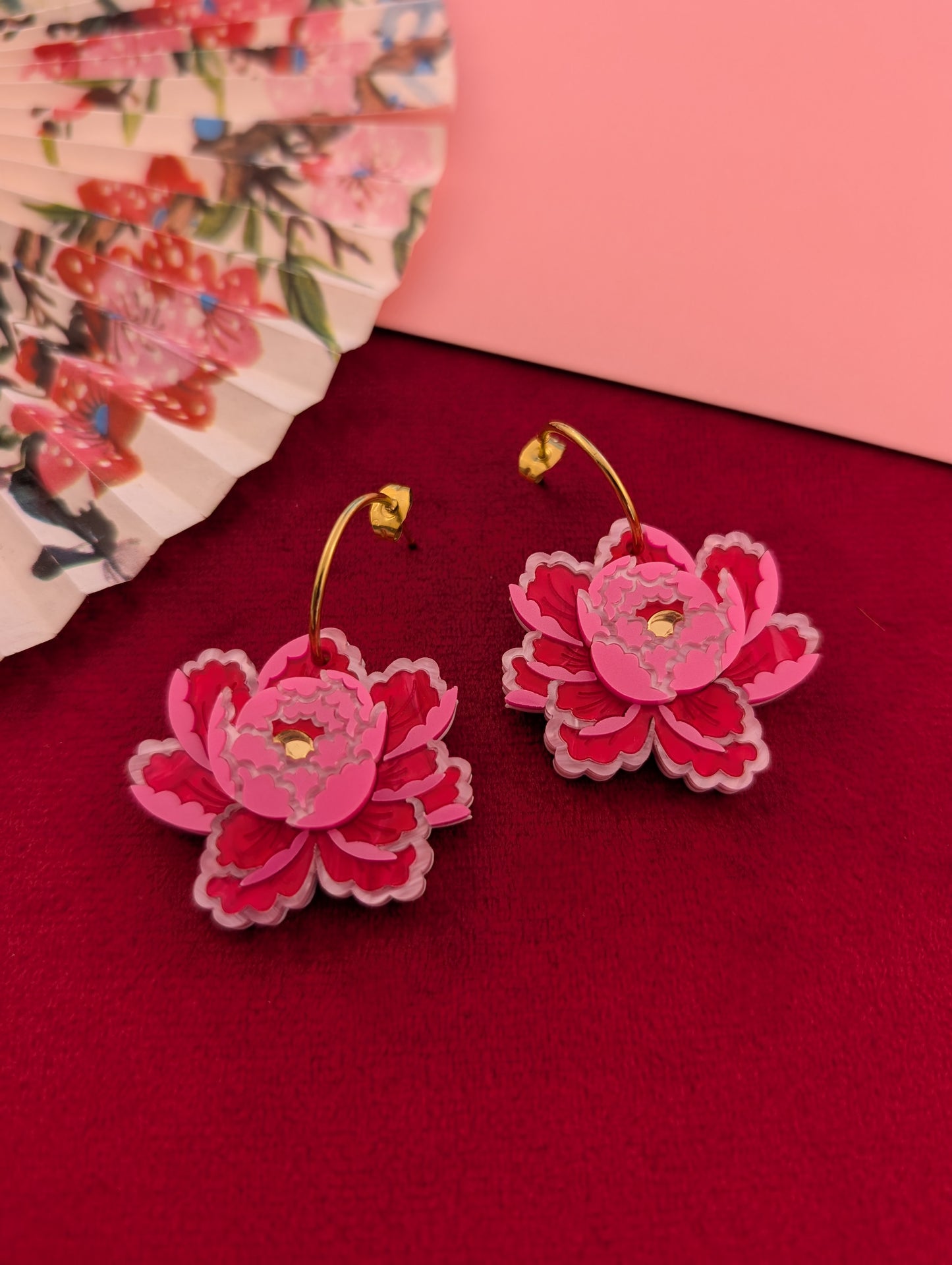 PRE ORDER Peony Inspired Single Flower Earrings BRIGHT PINK