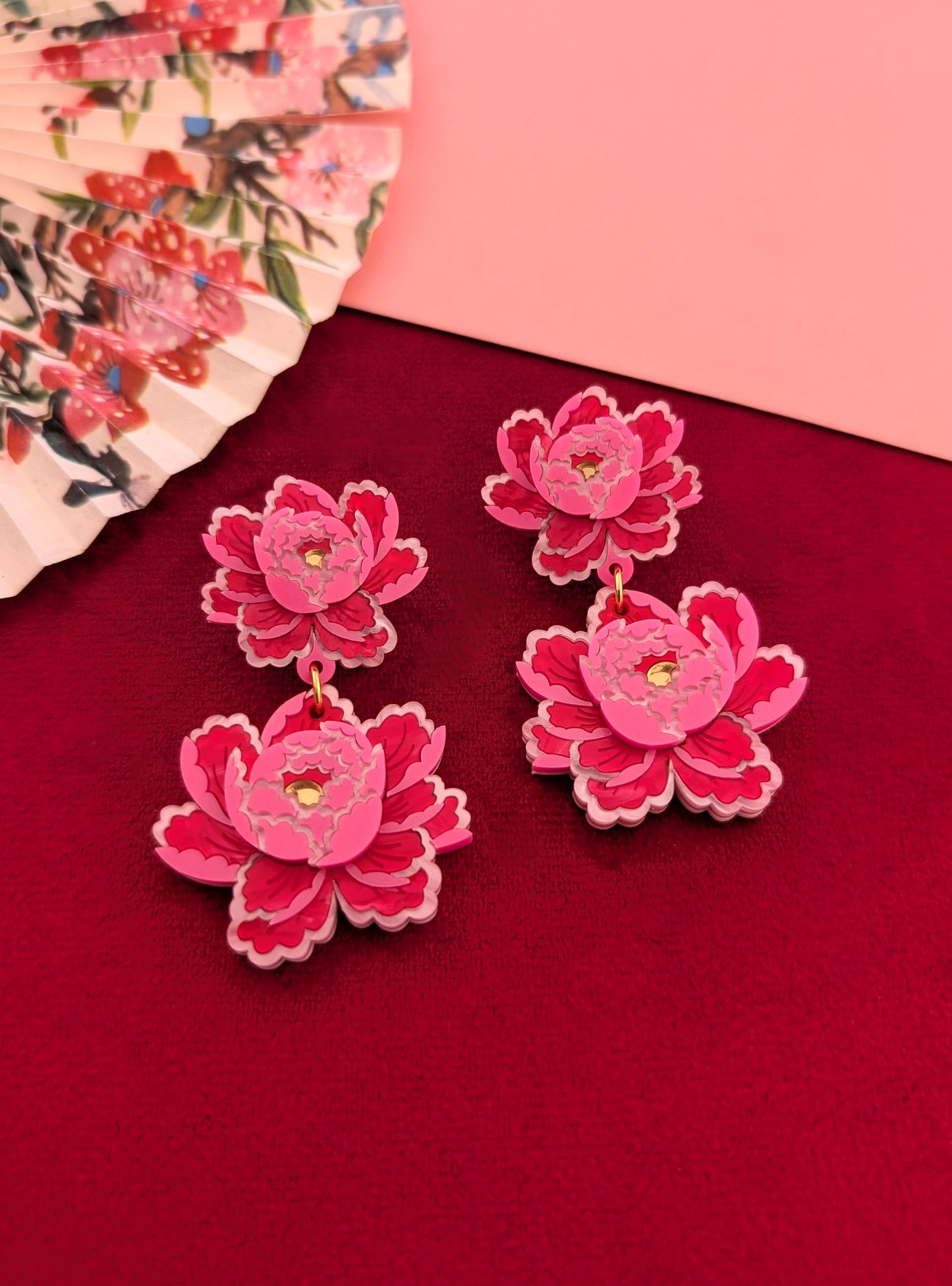 PRE ORDER Peony Inspired Statement Flower Earrings BRIGHT PINK