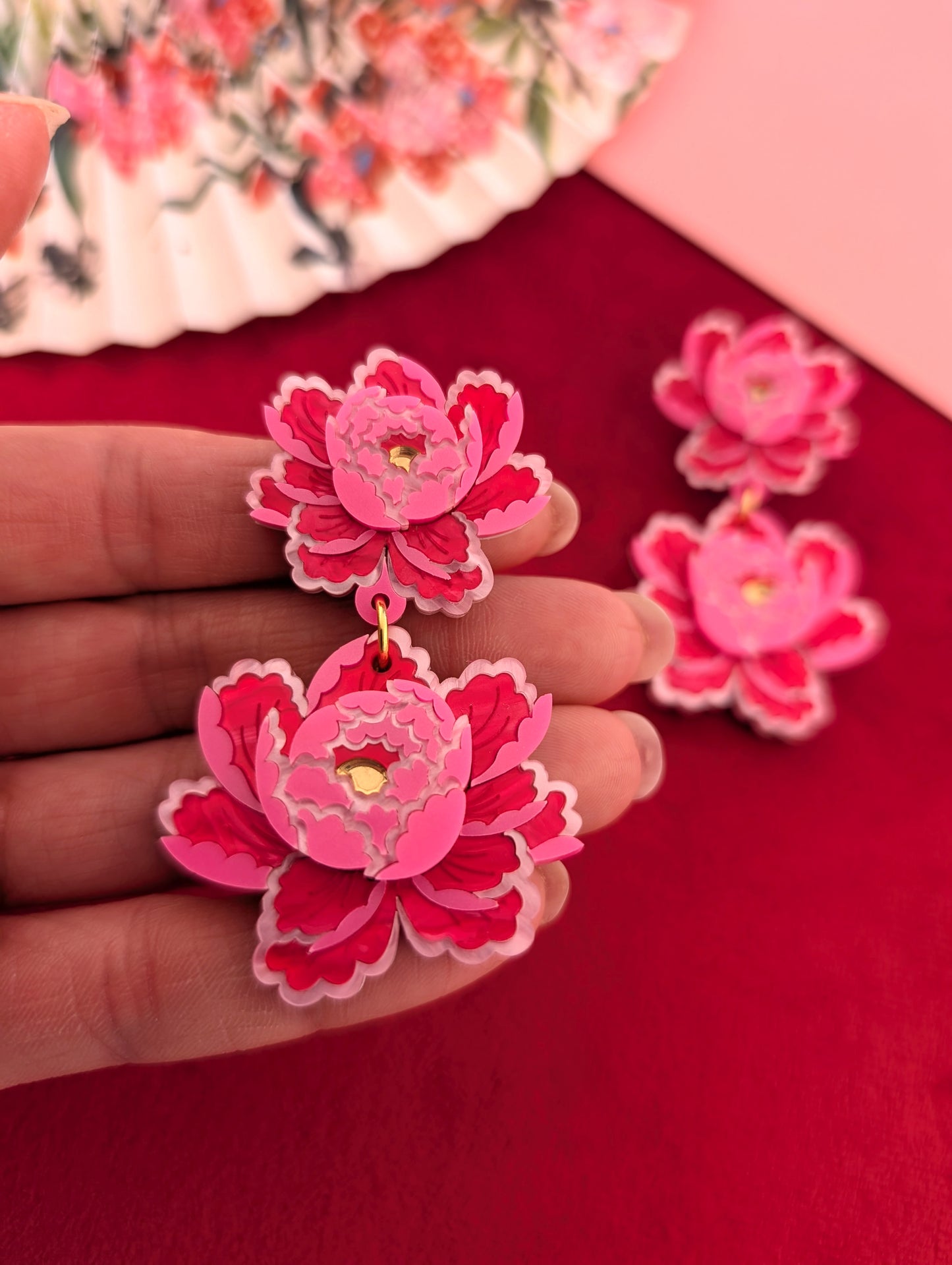 PRE ORDER Peony Inspired Statement Flower Earrings BRIGHT PINK