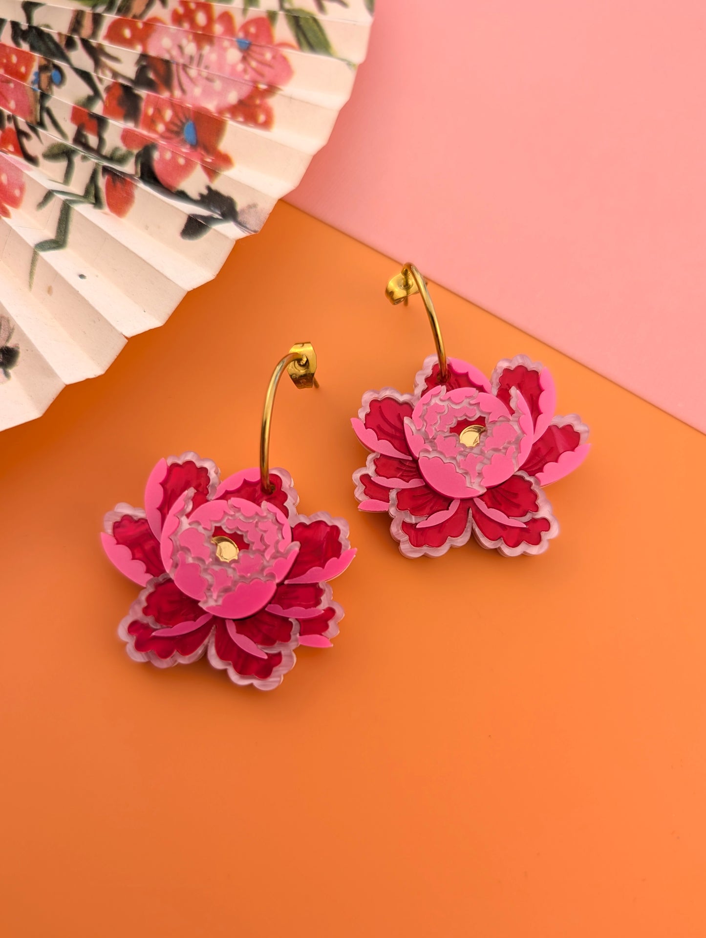 PRE ORDER Peony Inspired Single Flower Earrings BRIGHT PINK