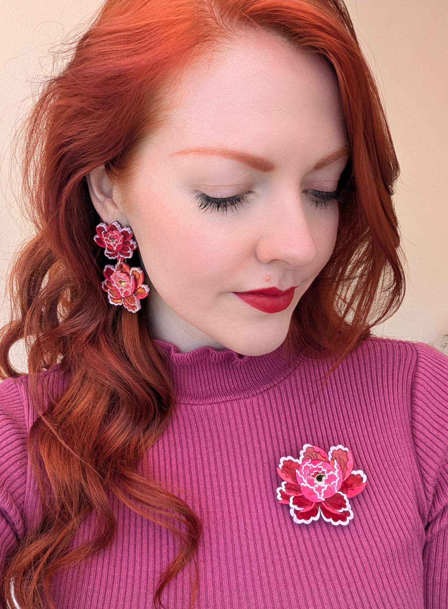 PRE ORDER Peony Inspired Flower Brooch or Pendant RED/PINK (one fully made brooch available)