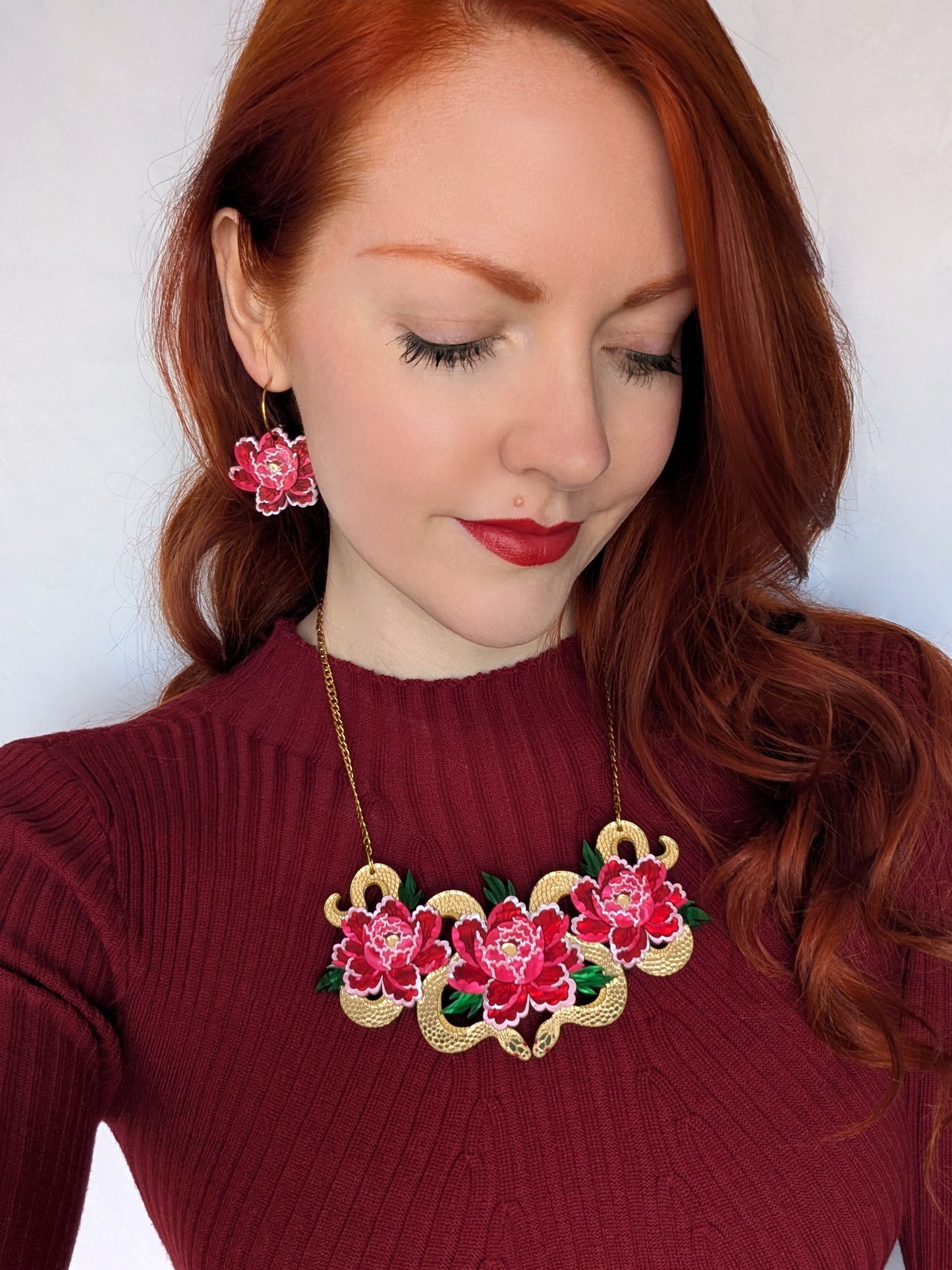 PRE ORDER Peony Inspired Single Flower Earrings RED/PINK