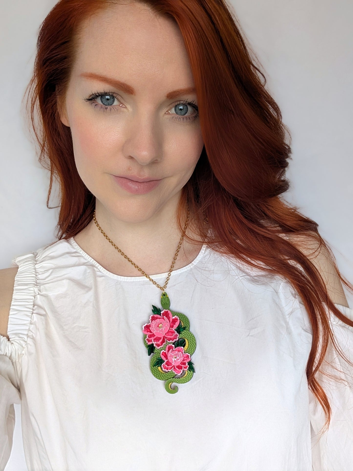 PRE ORDER Snake & Floral Statement Pendant or Necklace (on it's side) GREEN