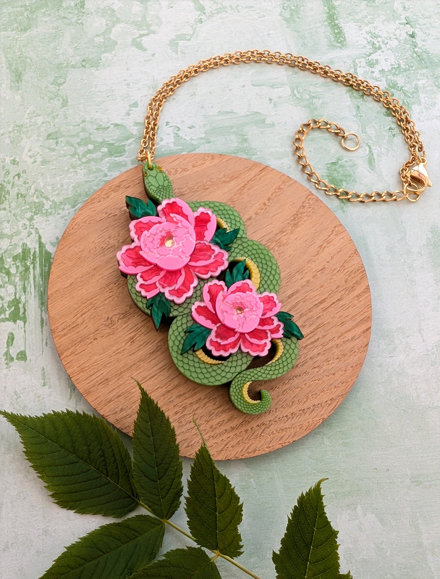 PRE ORDER Snake & Floral Statement Pendant or Necklace (on it's side) GREEN