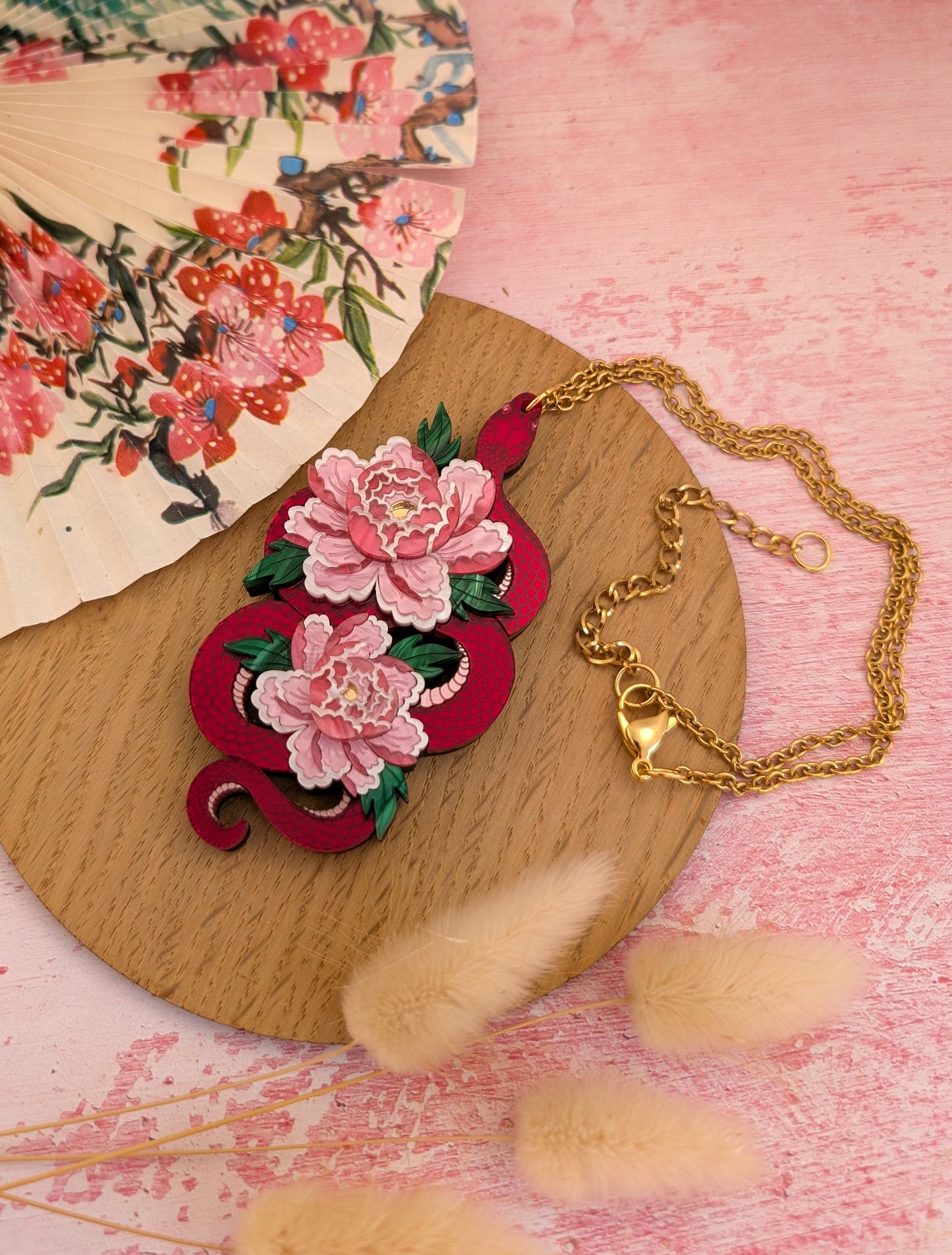 PRE ORDER Snake & Floral Statement Pendant or Necklace (on side) RED