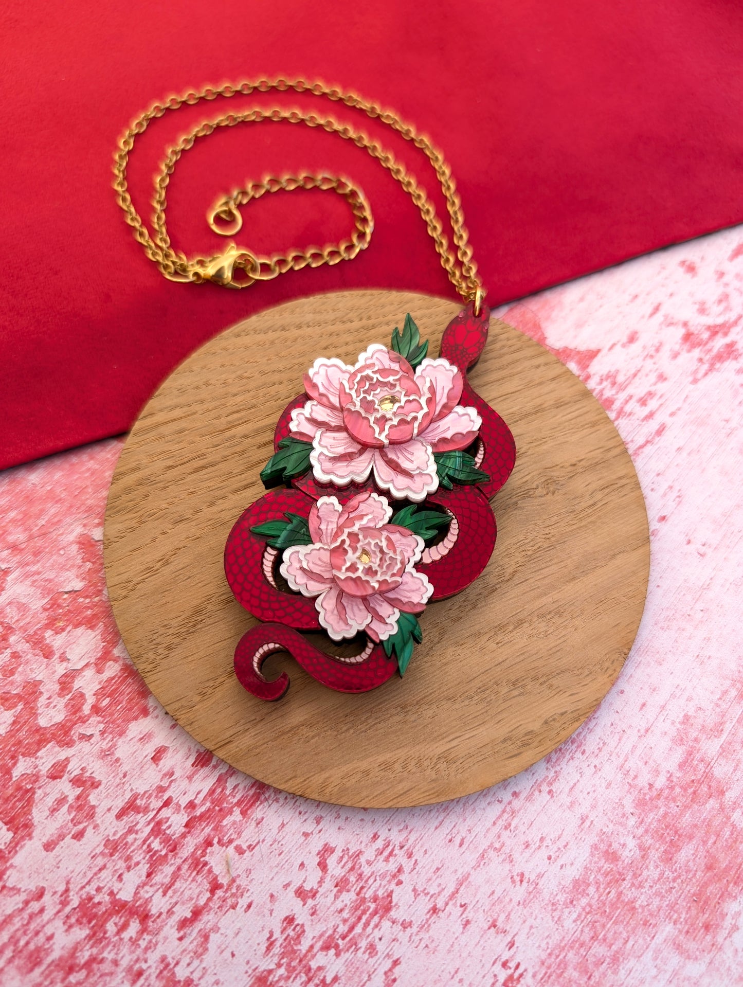 PRE ORDER Snake & Floral Statement Pendant or Necklace (on side) RED