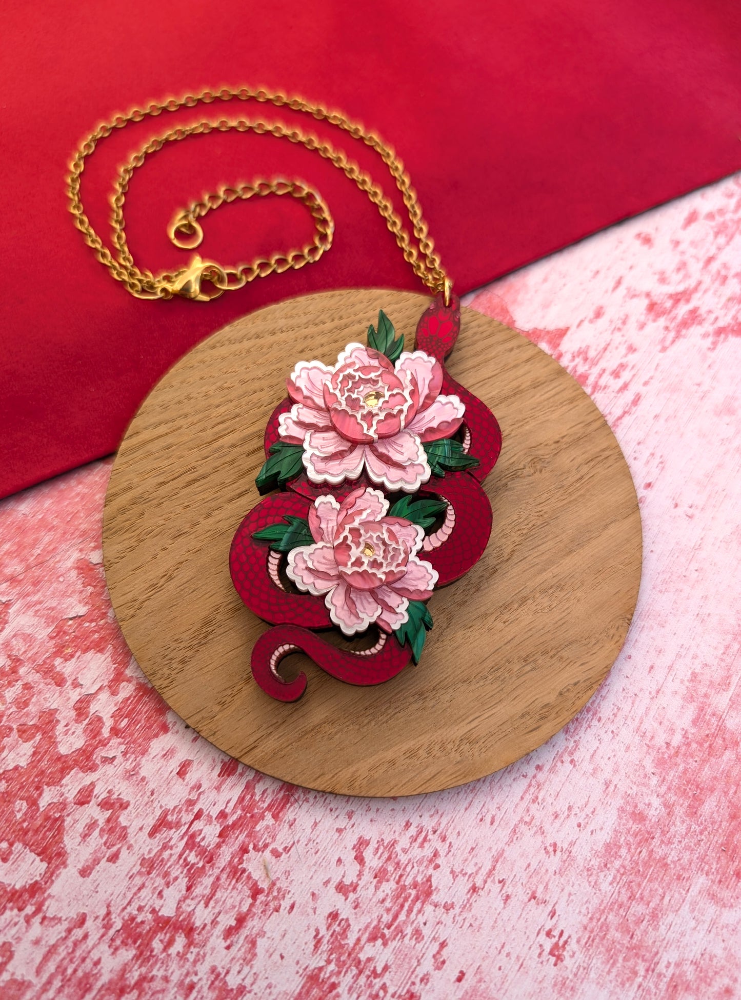 PRE ORDER Snake & Floral Statement Pendant or Necklace (on side) RED
