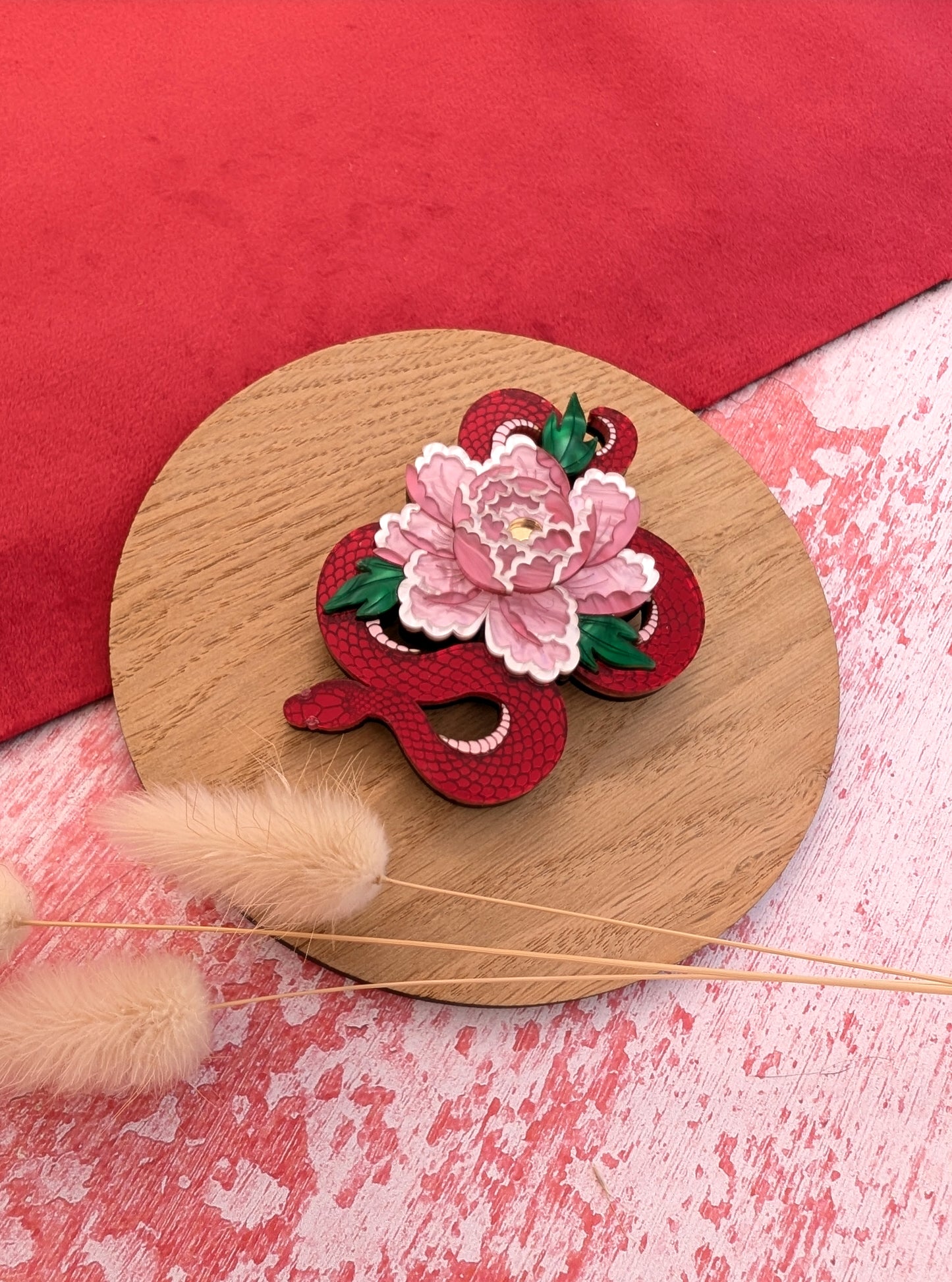 PRE ORDER Snake & Floral Small Brooch RED