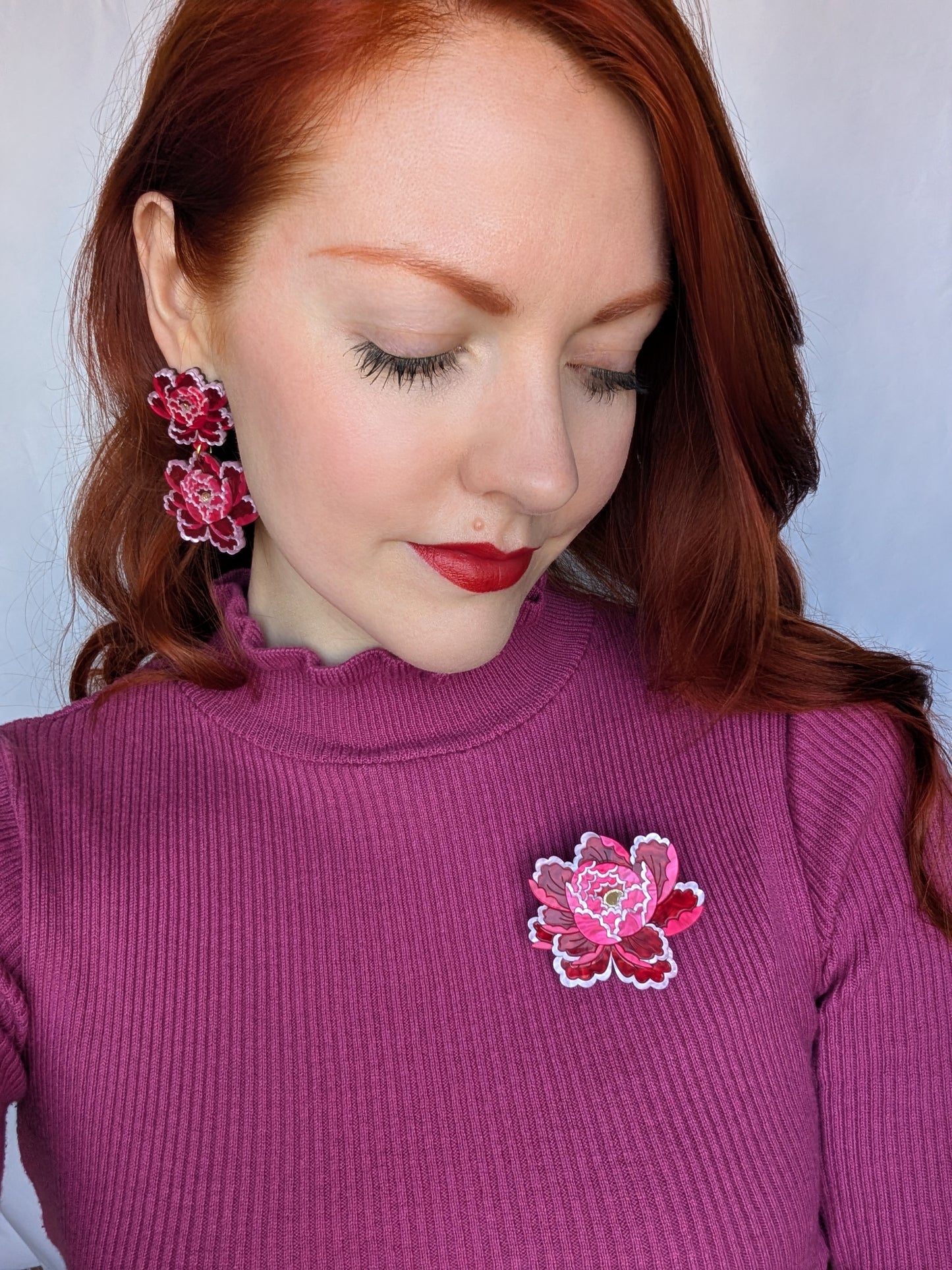 PRE ORDER Peony Inspired Flower Brooch or Pendant RED/PINK (one fully made brooch available)