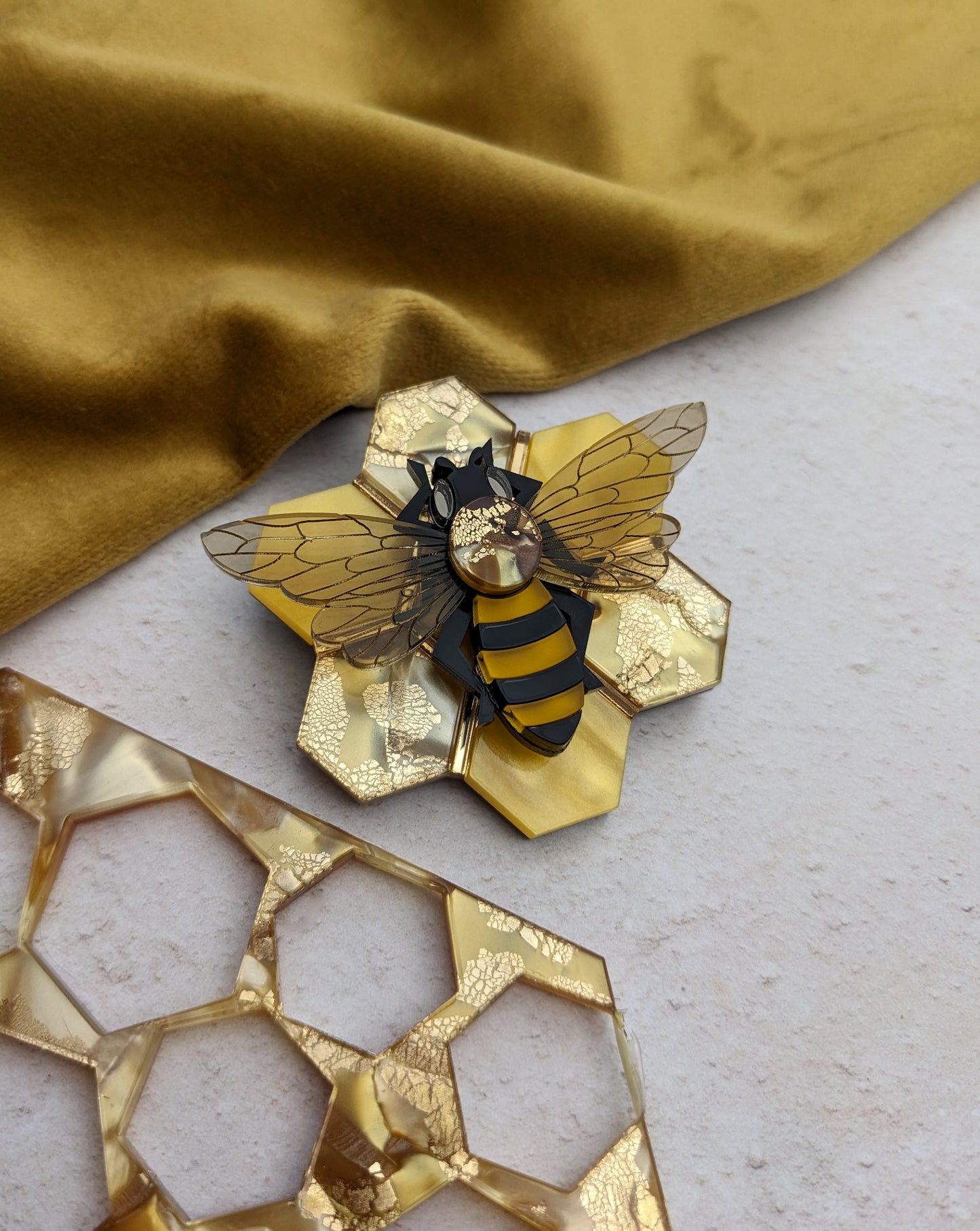 PRE ORDER Honey Bee on Honeycomb Brooch (featuring in house recycled acrylic) - 1 pre order slot available