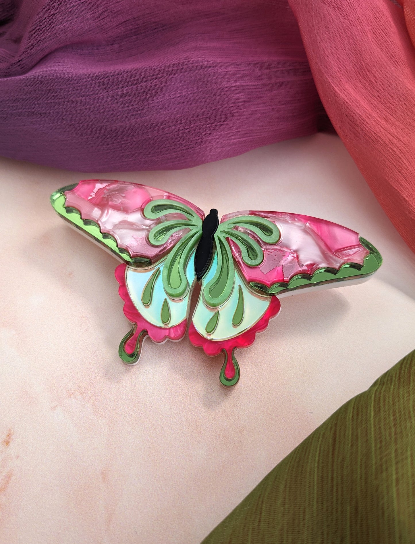 Butterfly Brooch Pink/Green (new recycled acrylic)