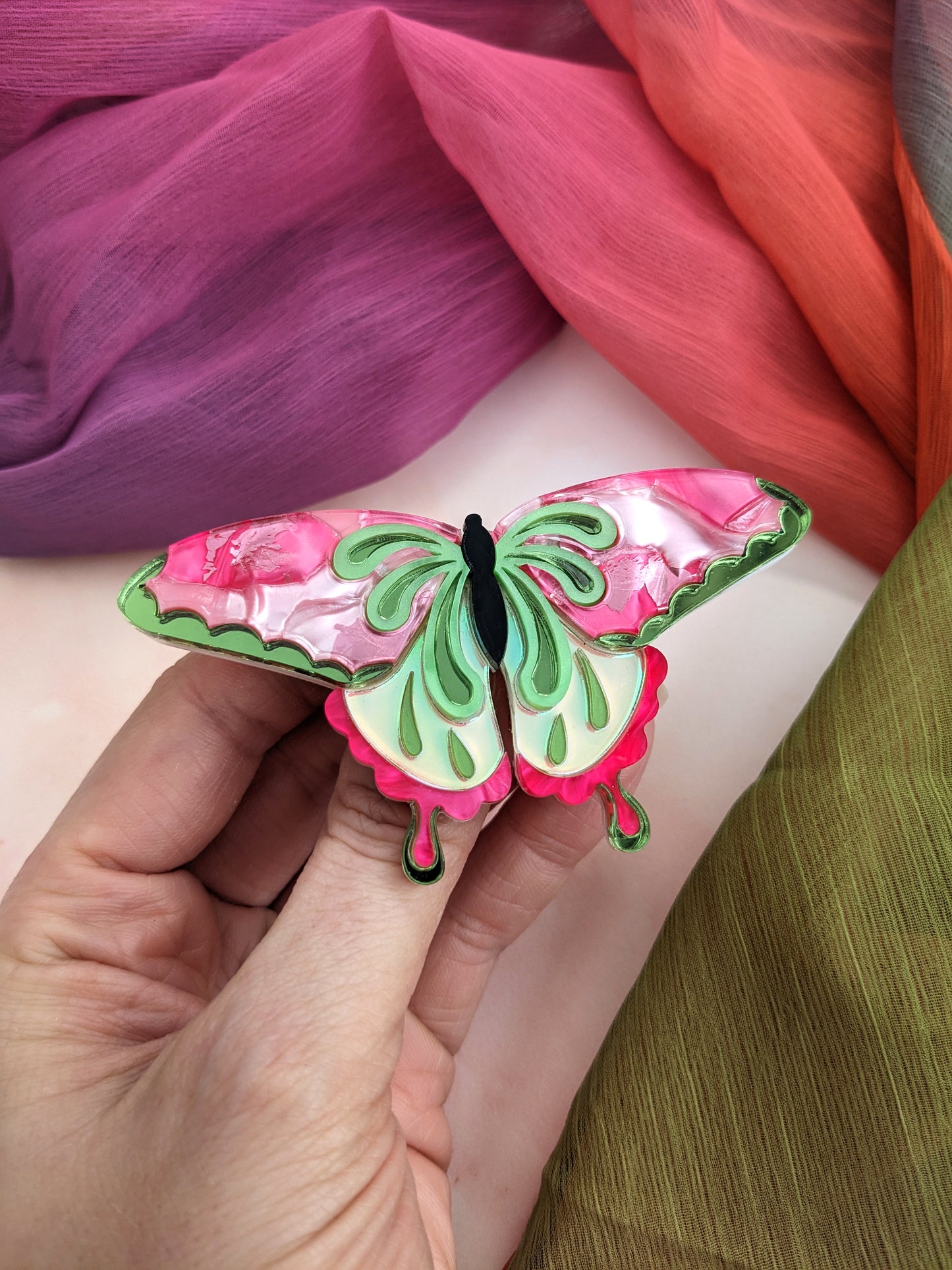 Butterfly Brooch Pink/Green (new recycled acrylic)