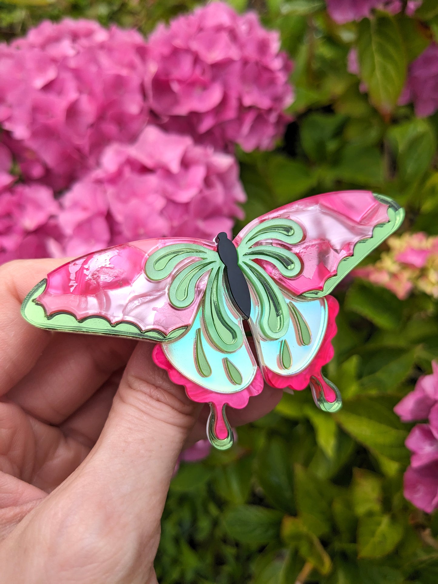 Butterfly Brooch Pink/Green (new recycled acrylic)