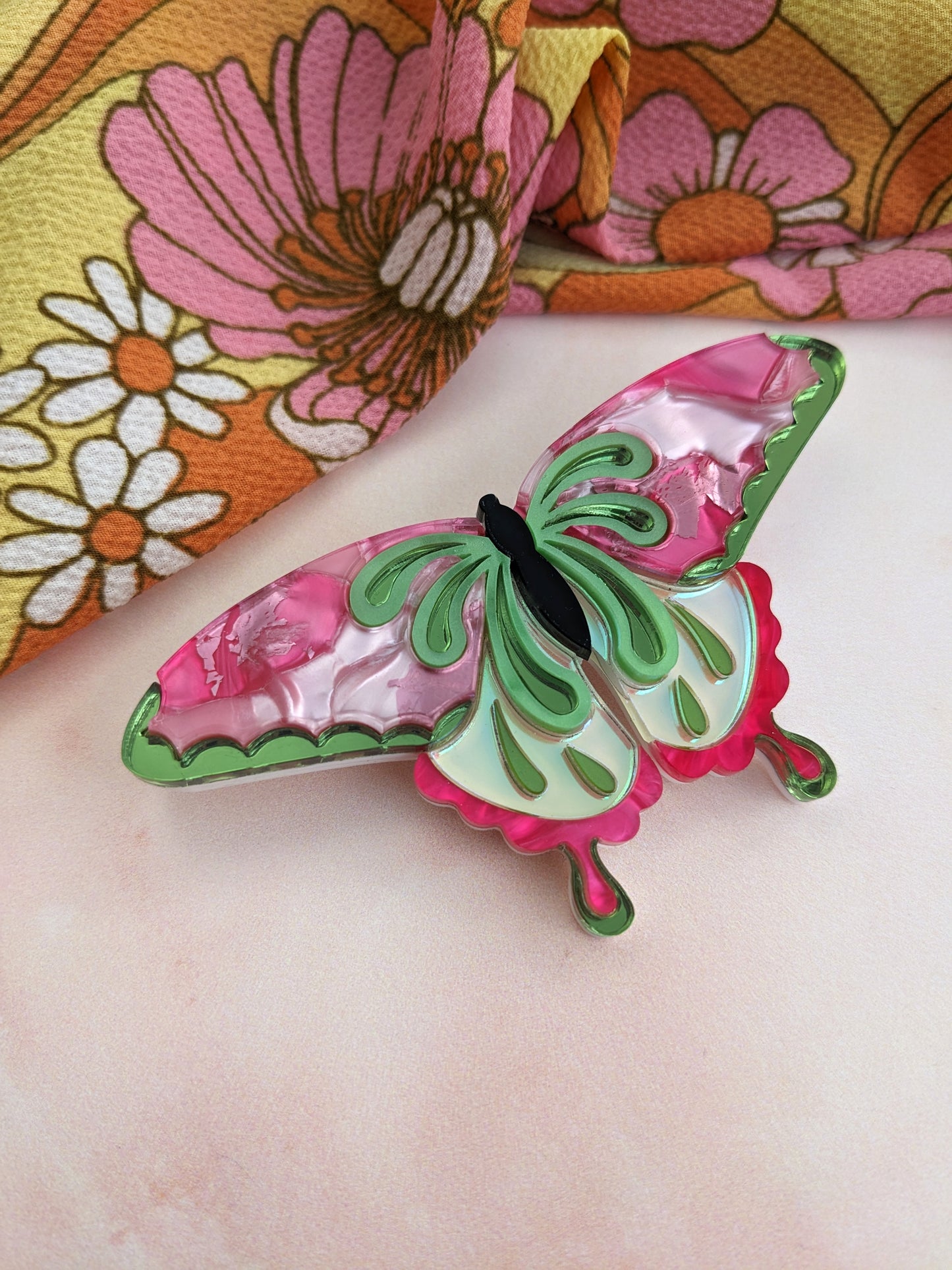Butterfly Brooch Pink/Green (new recycled acrylic)