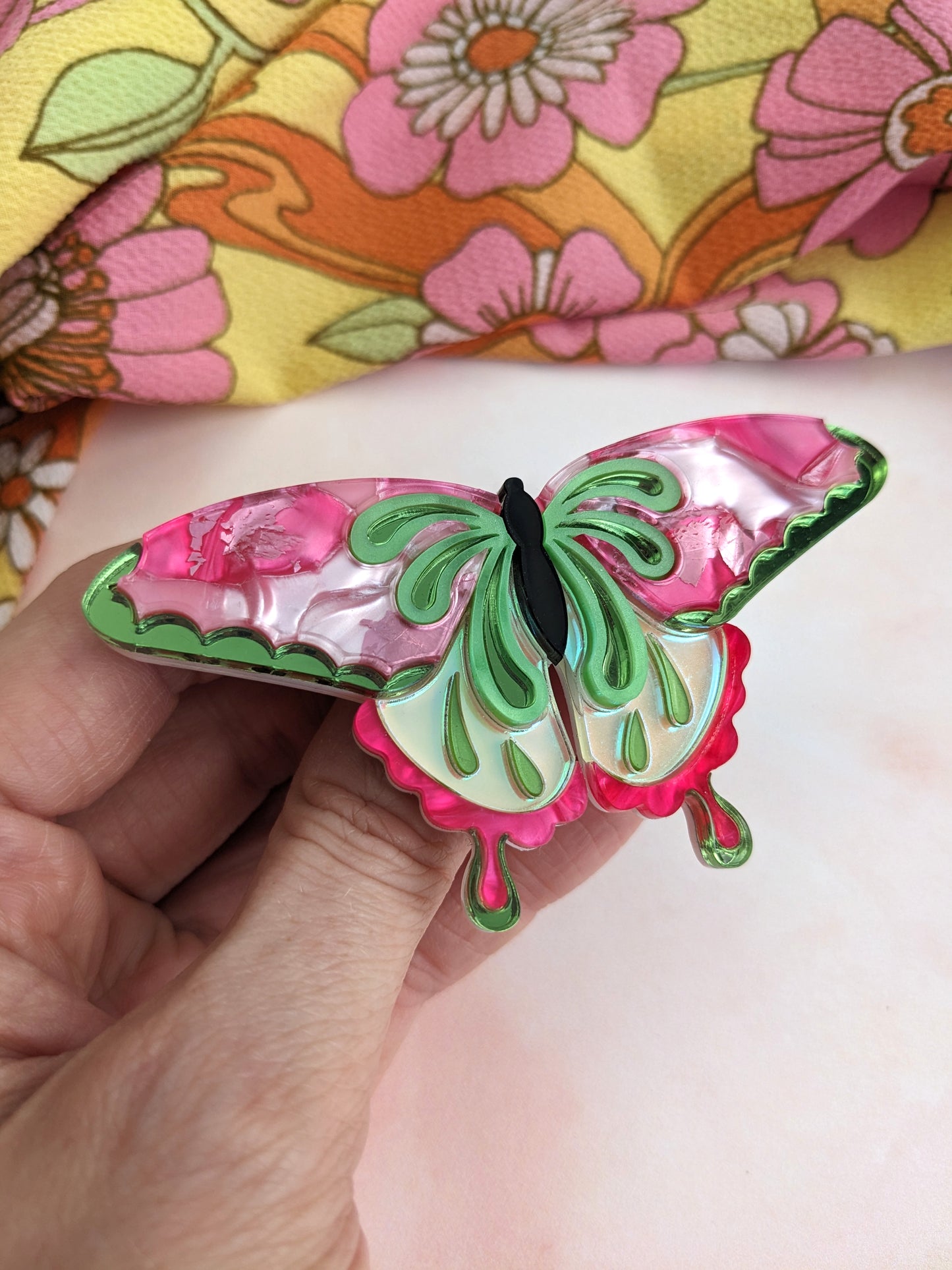 Butterfly Brooch Pink/Green (new recycled acrylic)