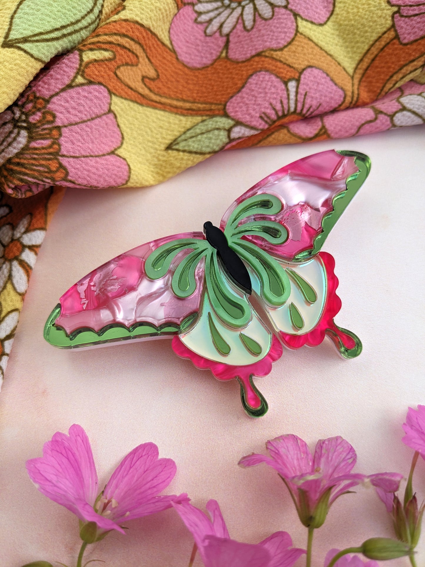 Butterfly Brooch Pink/Green (new recycled acrylic)