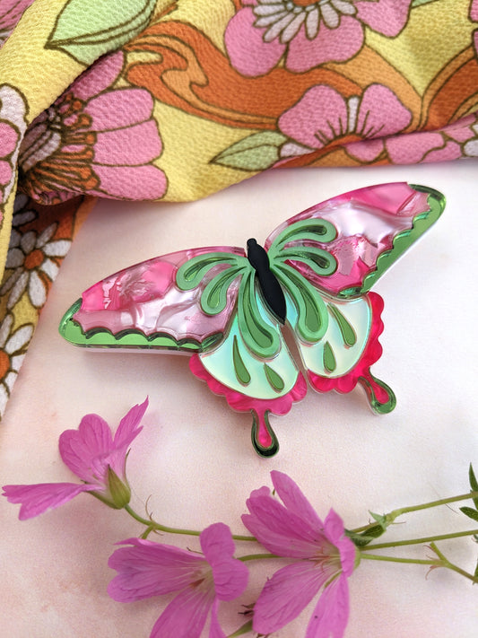 Butterfly Brooch Pink/Green (featuring in house recycled acrylic) - Last 2!