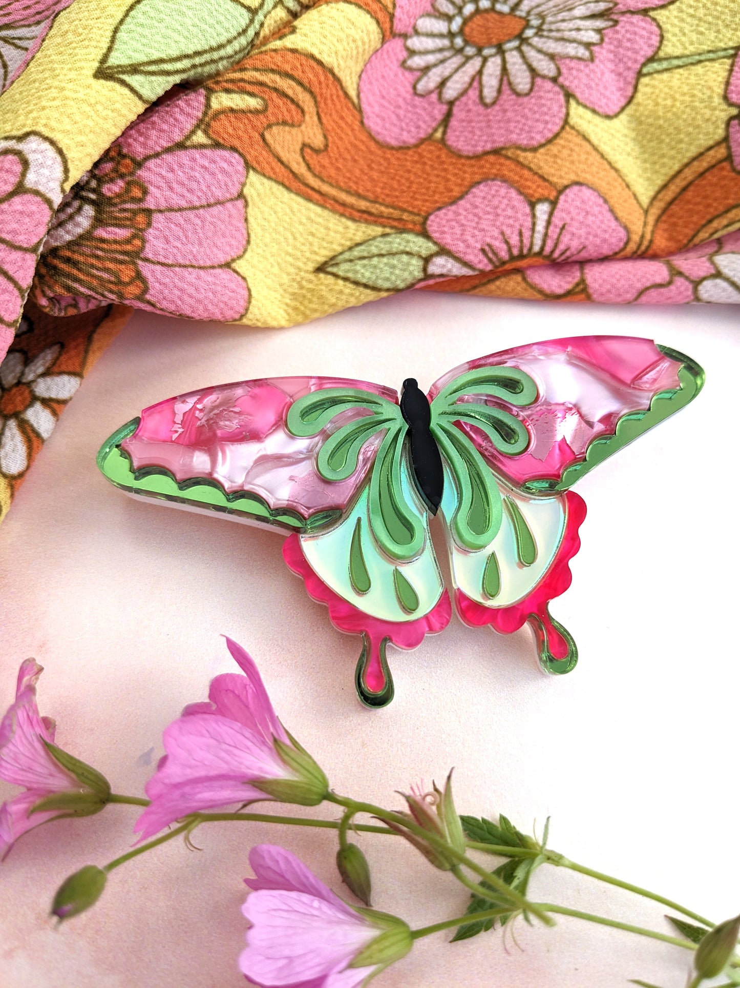 Butterfly Brooch Pink/Green (new recycled acrylic)