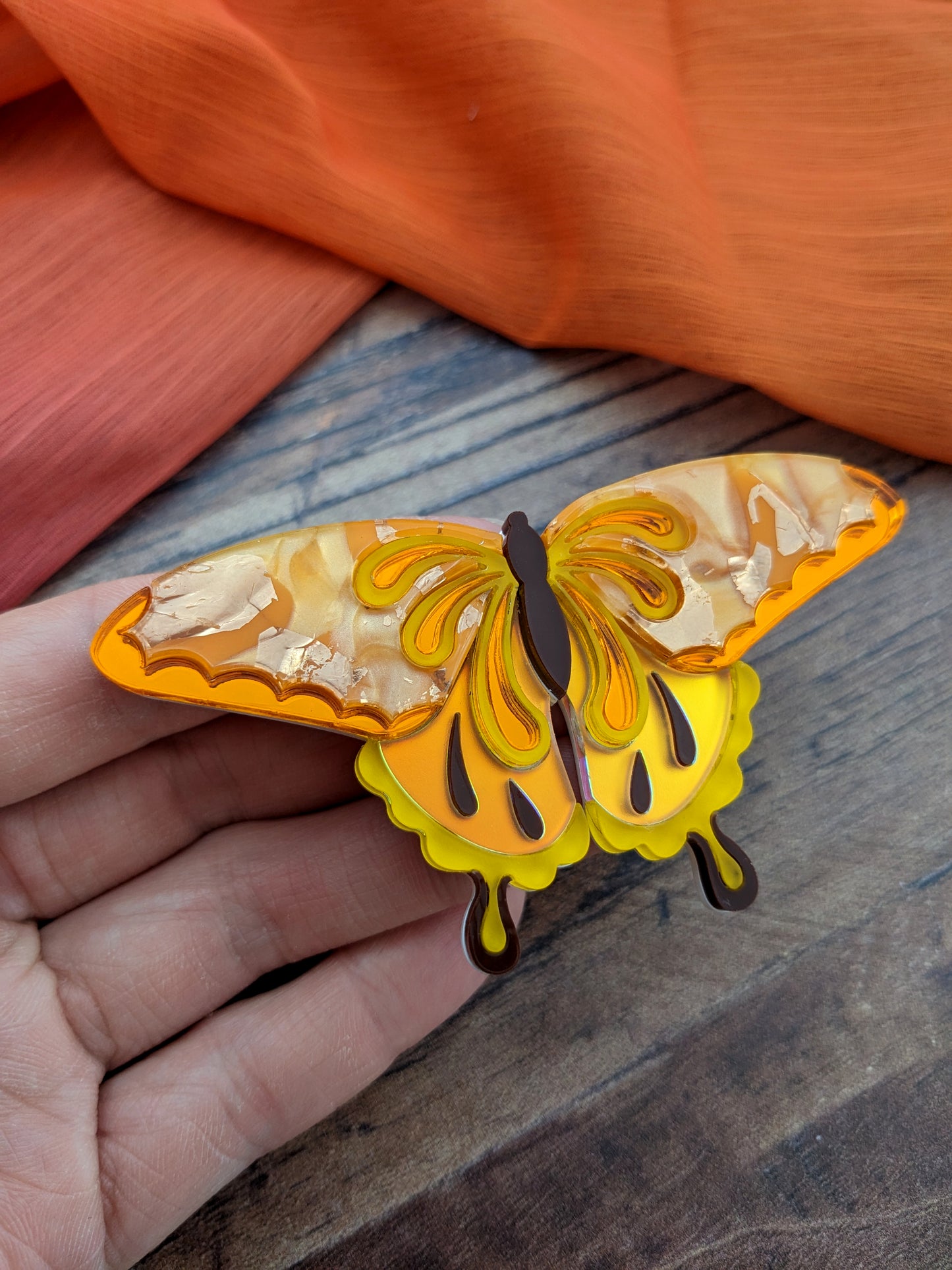 Butterfly Brooch Orange/Yellow (new recycled acrylic)