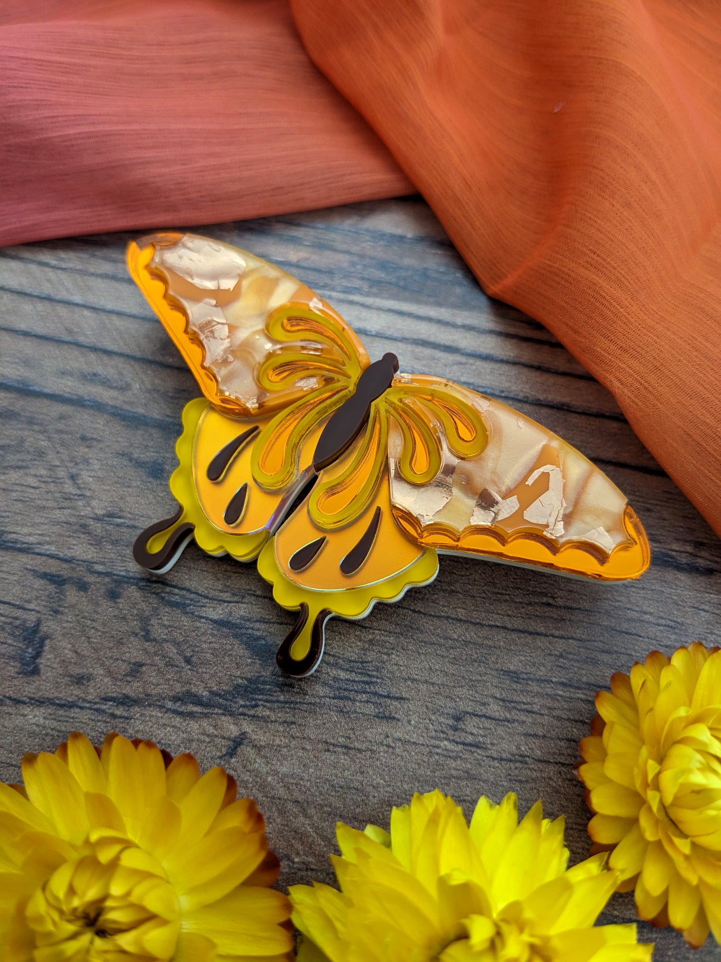 Butterfly Brooch Orange/Yellow (new recycled acrylic)