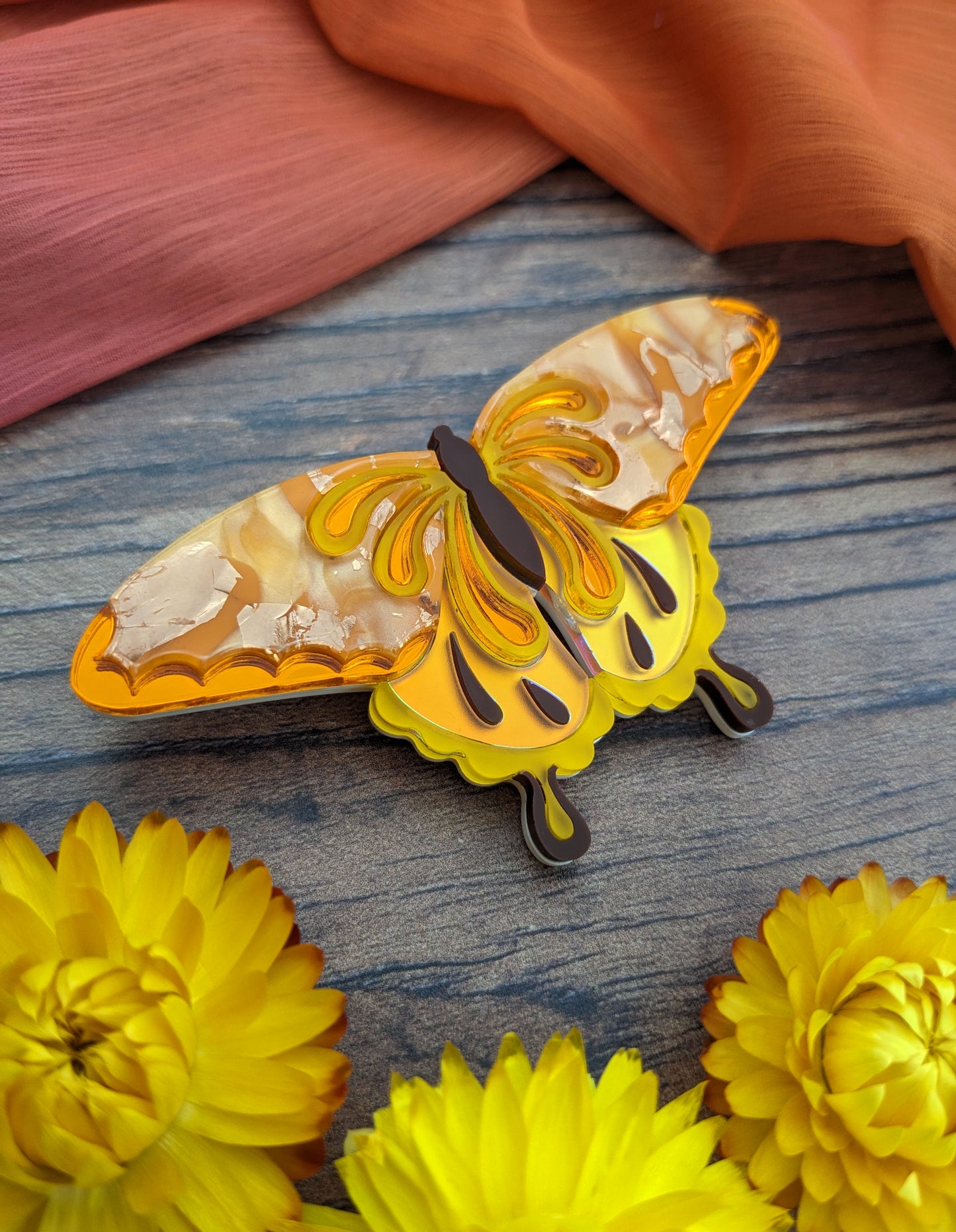 Butterfly Brooch Orange/Yellow (new recycled acrylic)