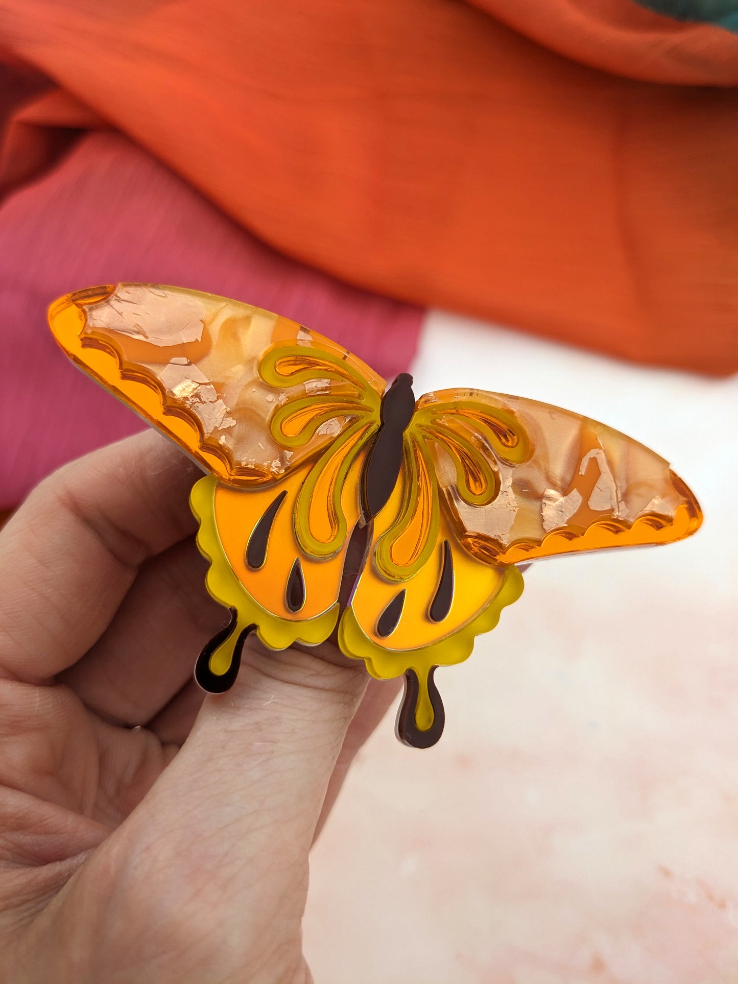 Butterfly Brooch Orange/Yellow (new recycled acrylic)