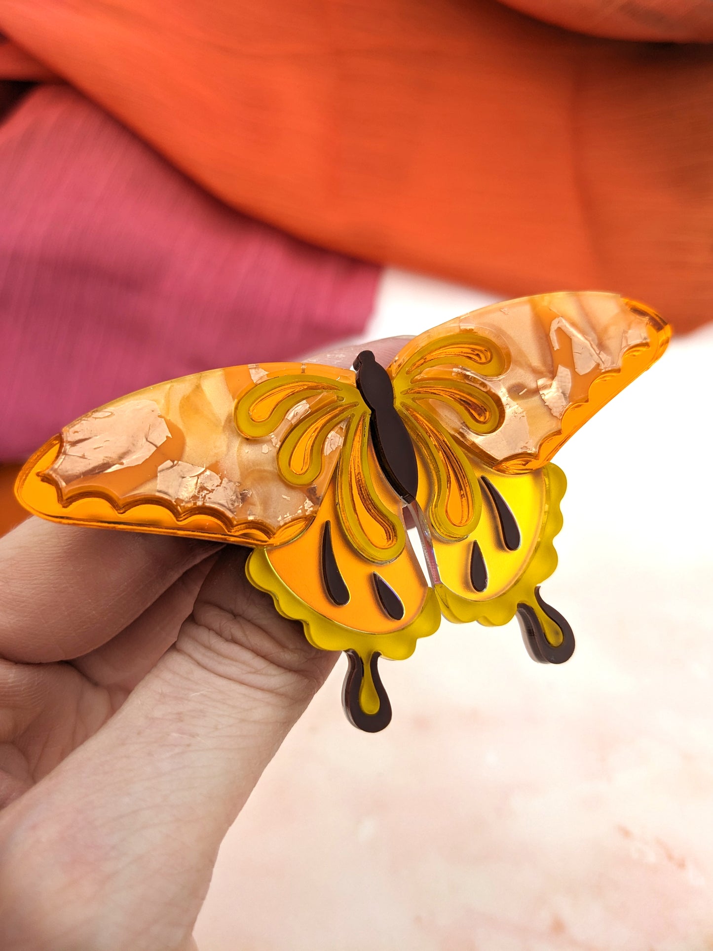 Butterfly Brooch Orange/Yellow (new recycled acrylic)