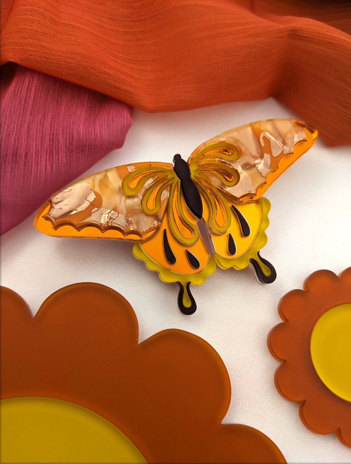 Butterfly Brooch Orange/Yellow (new recycled acrylic)